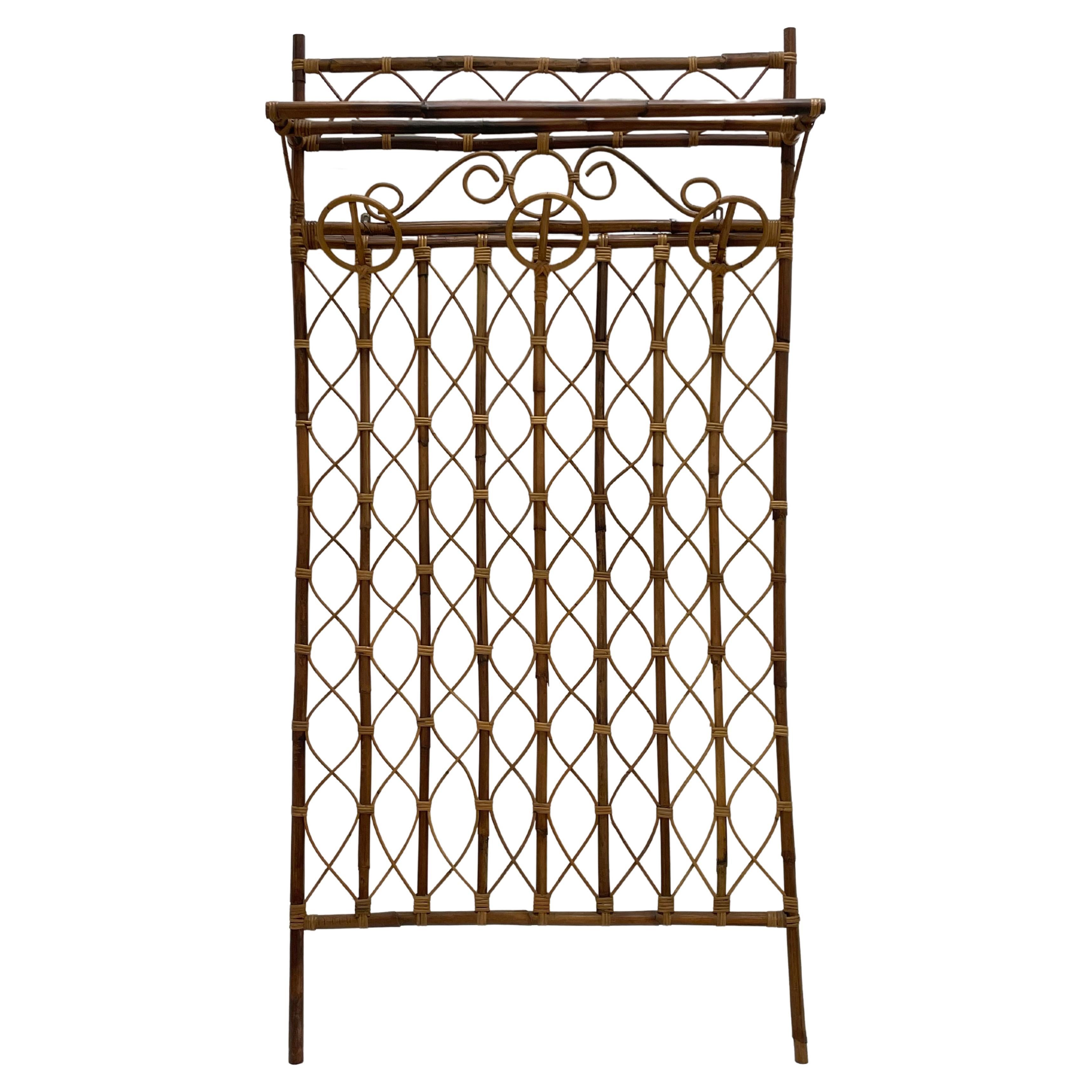 Italian Rattan Coatrack with Three Hoop Hooks + a Shelf Above, 1950's For Sale