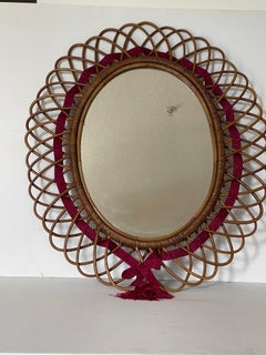 Italian Rattan Franco Albini Mirror with Burgundy Ribbon