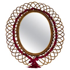 Italian Rattan Franco Albini Mirror with Burgundy Ribbon Italian Rattan Franco Albini Mirror with Burgundy Ribbon