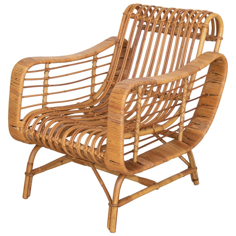 Rattan lounge chair, 1950s, offered by Panoplie
