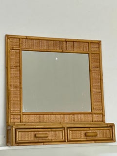 Italian rattan mirror with 2 drawers, dating from the 1970s-80s