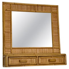 Italian rattan mirror with 2 drawers, dating from the 1970s-80s