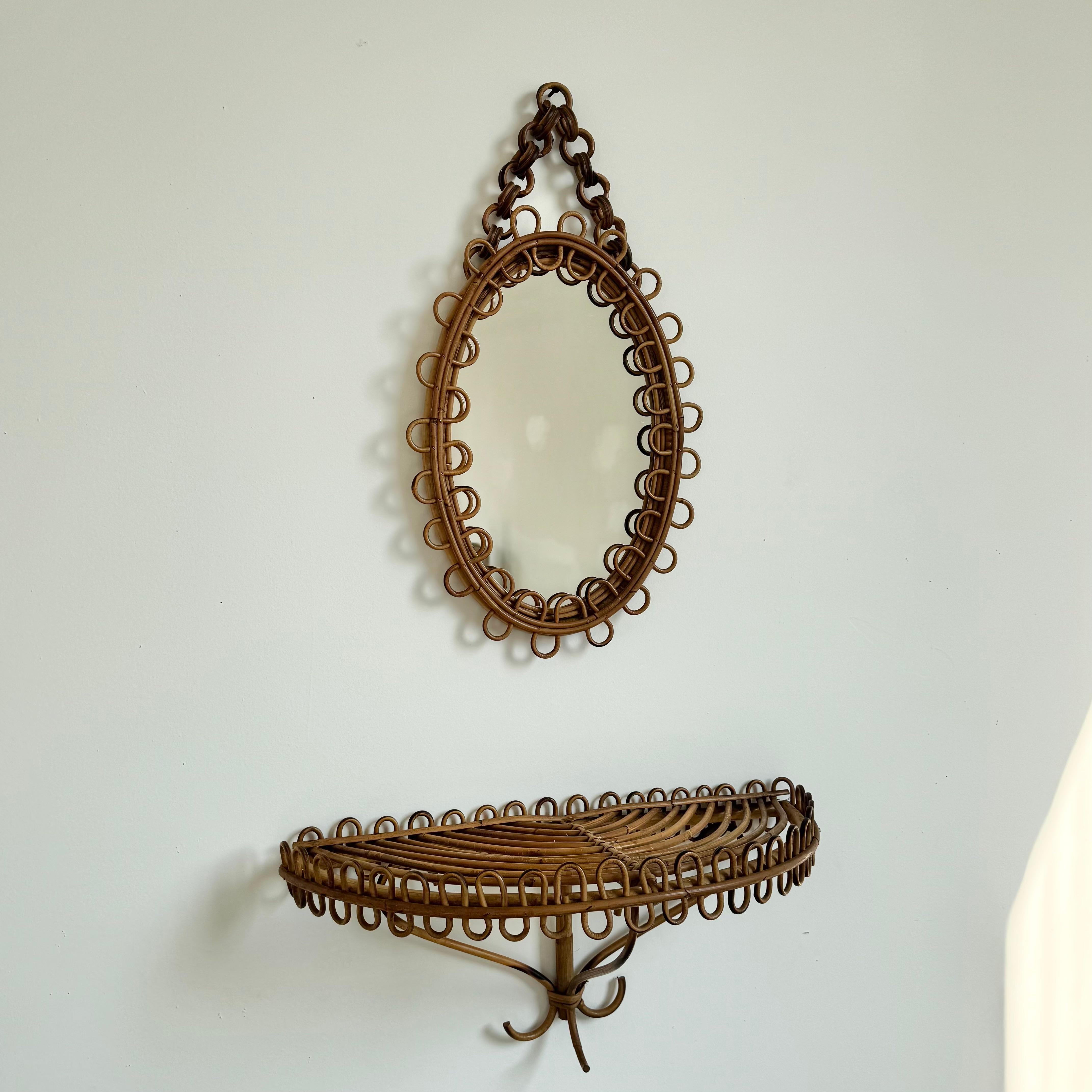 Italian Rattan Mirror with Matching Floating Table, 1950s Italy For Sale 7