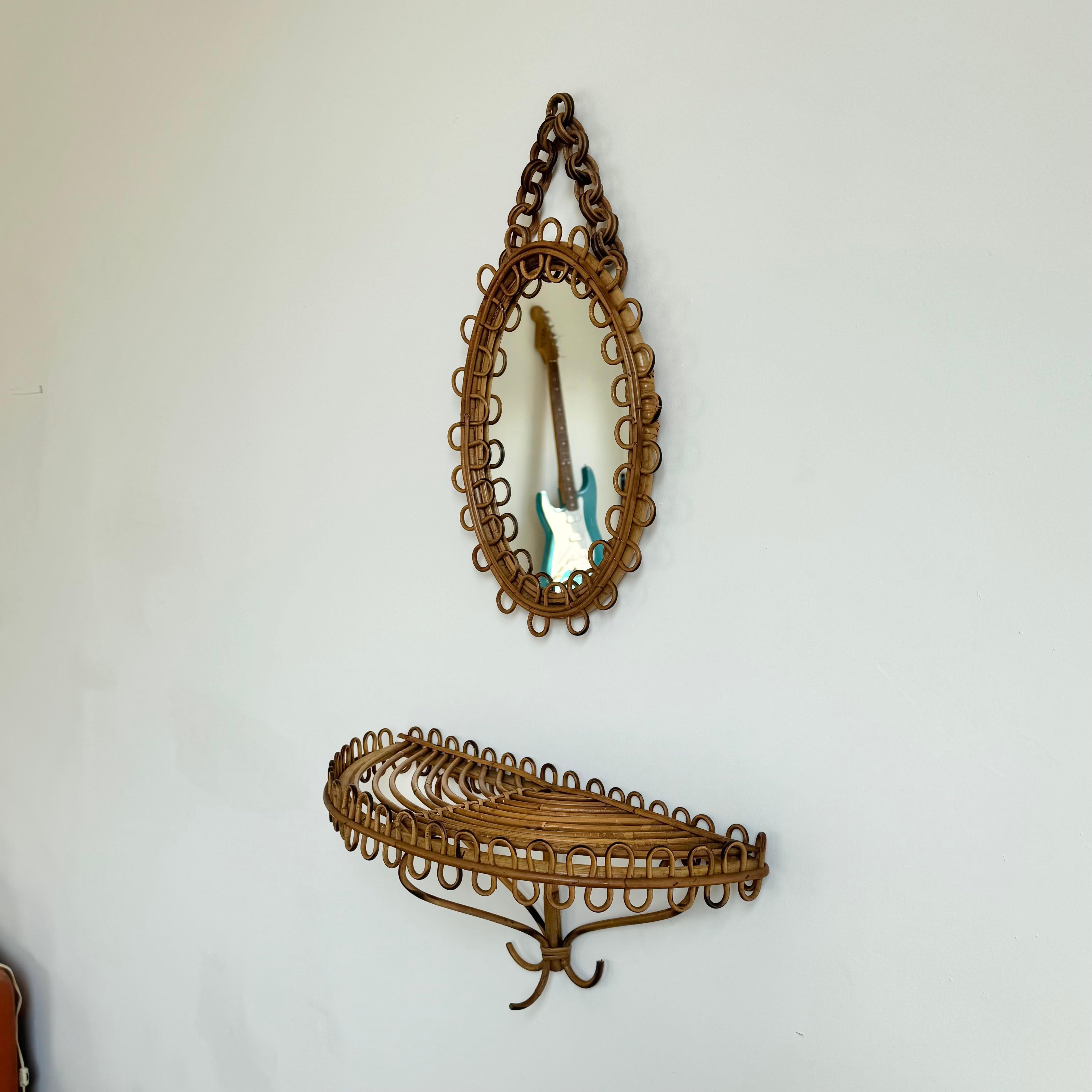 Italian Rattan Mirror with Matching Floating Table, 1950s Italy In Good Condition For Sale In Los Angeles, CA