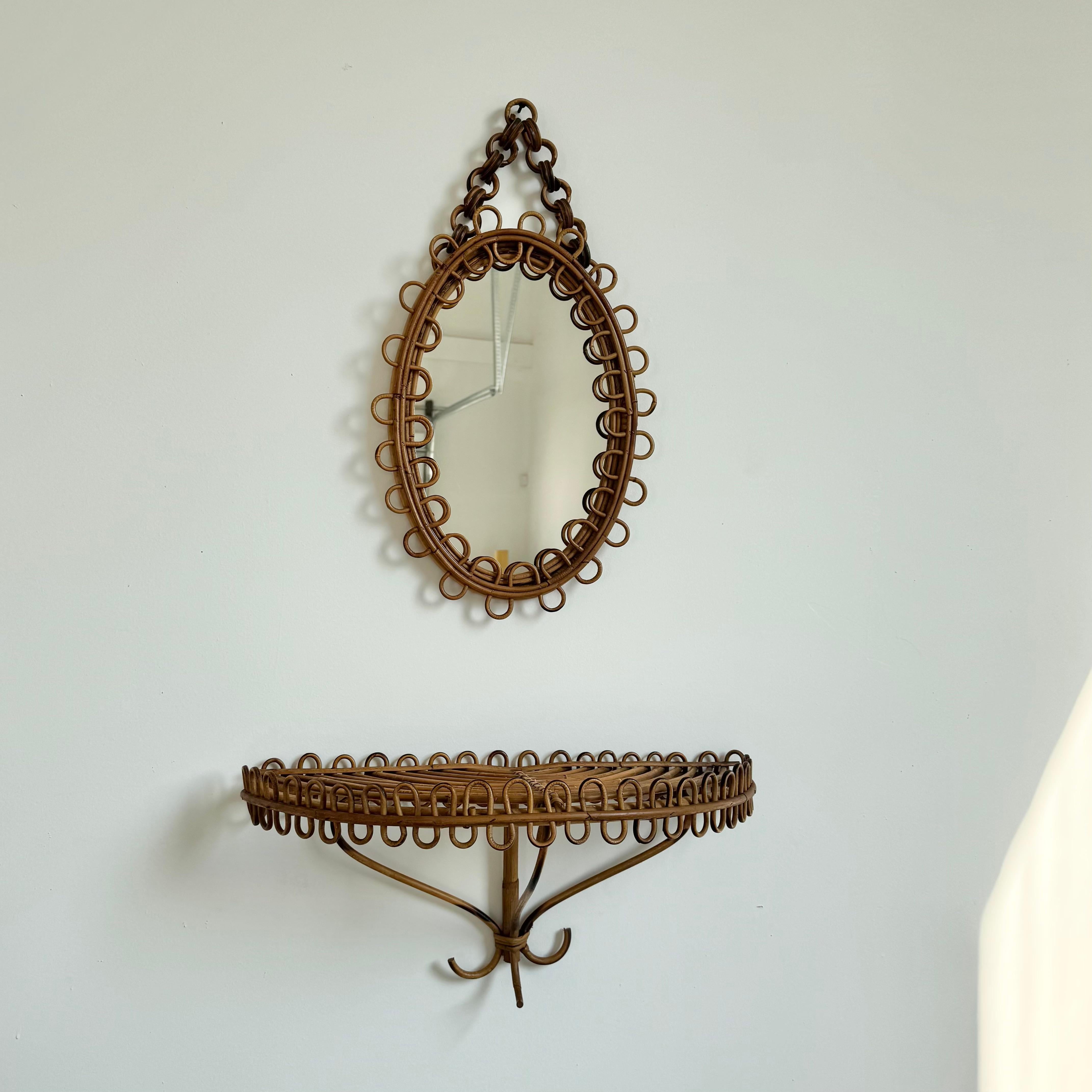 Mid-20th Century Italian Rattan Mirror with Matching Floating Table, 1950s Italy For Sale