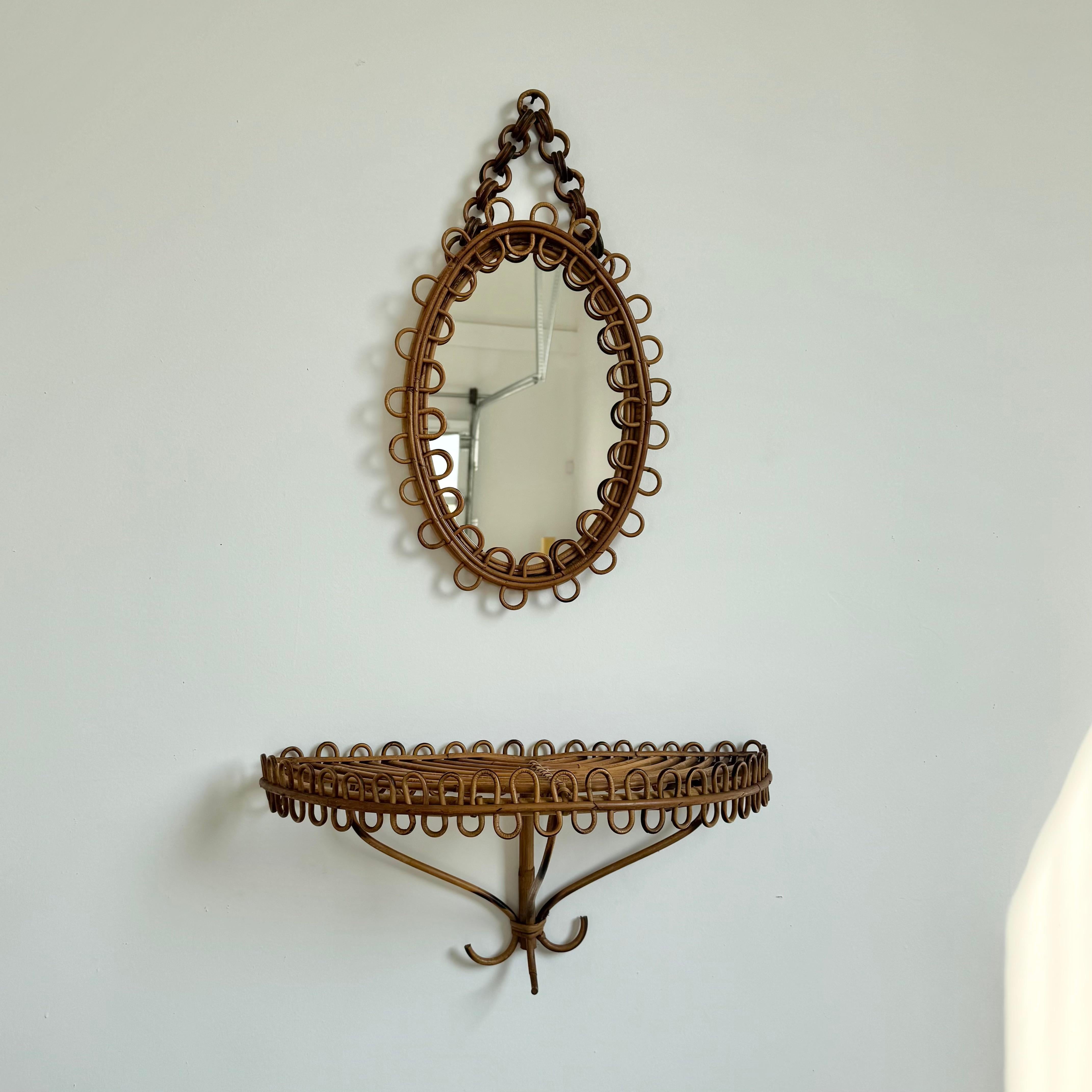 Italian Rattan Mirror with Matching Floating Table, 1950s Italy For Sale 2