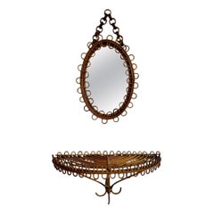 Miroir italien en rotin avec table flottante assortie, 1950s Italie