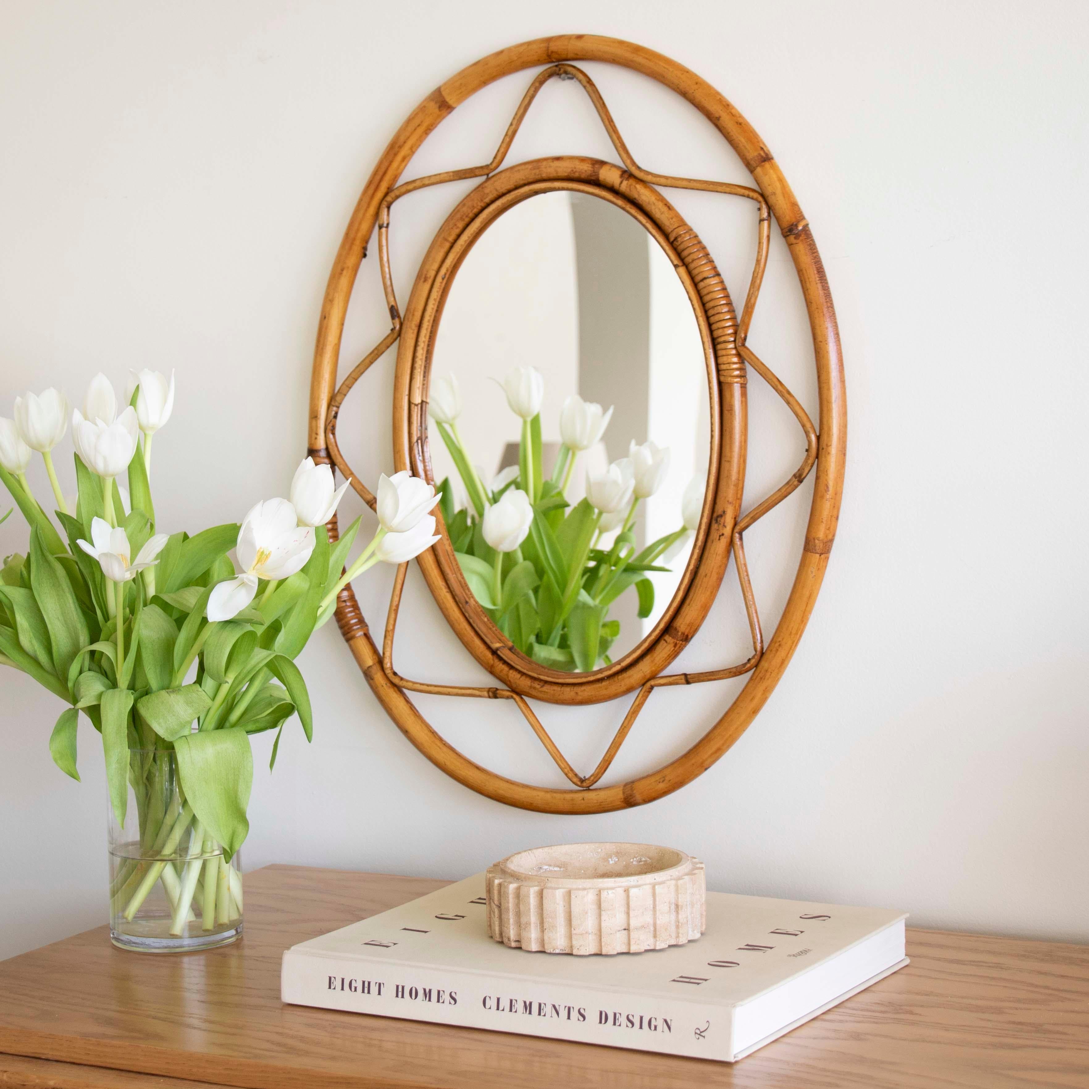 Italian Rattan Oval Mirror In Good Condition In Los Angeles, CA