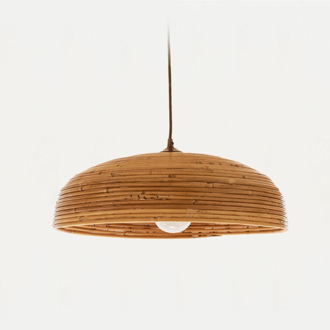 Vintage rattan dome pendant light from Italy, 1960's. Original rattan dome with brass detailing, new brown cloth cord and original rattan dome canopy. Dome measures 18