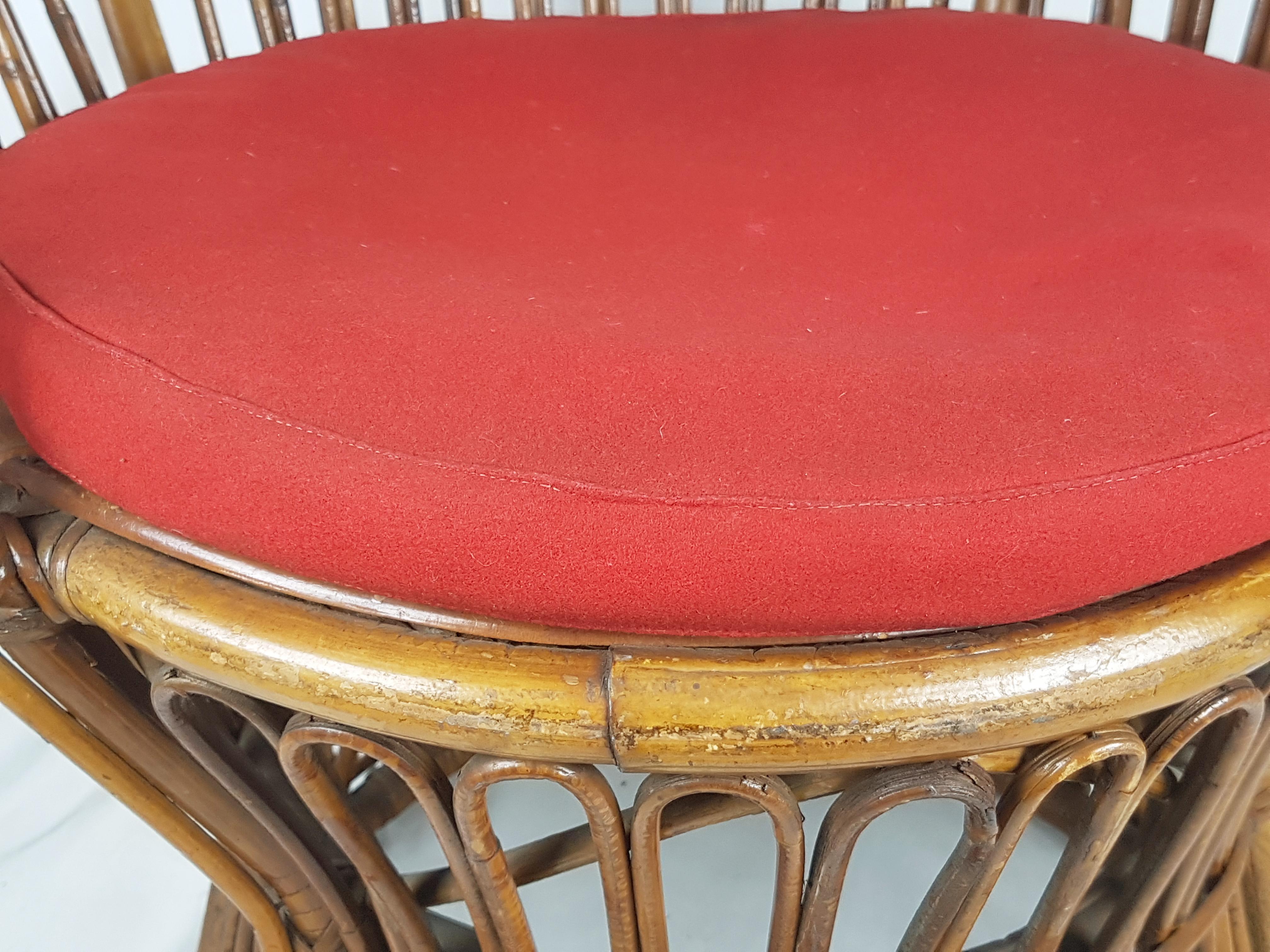 Italian Rattan & Red Wool Seat High Back Midcentury Armchairs, Set of 2 For Sale 5