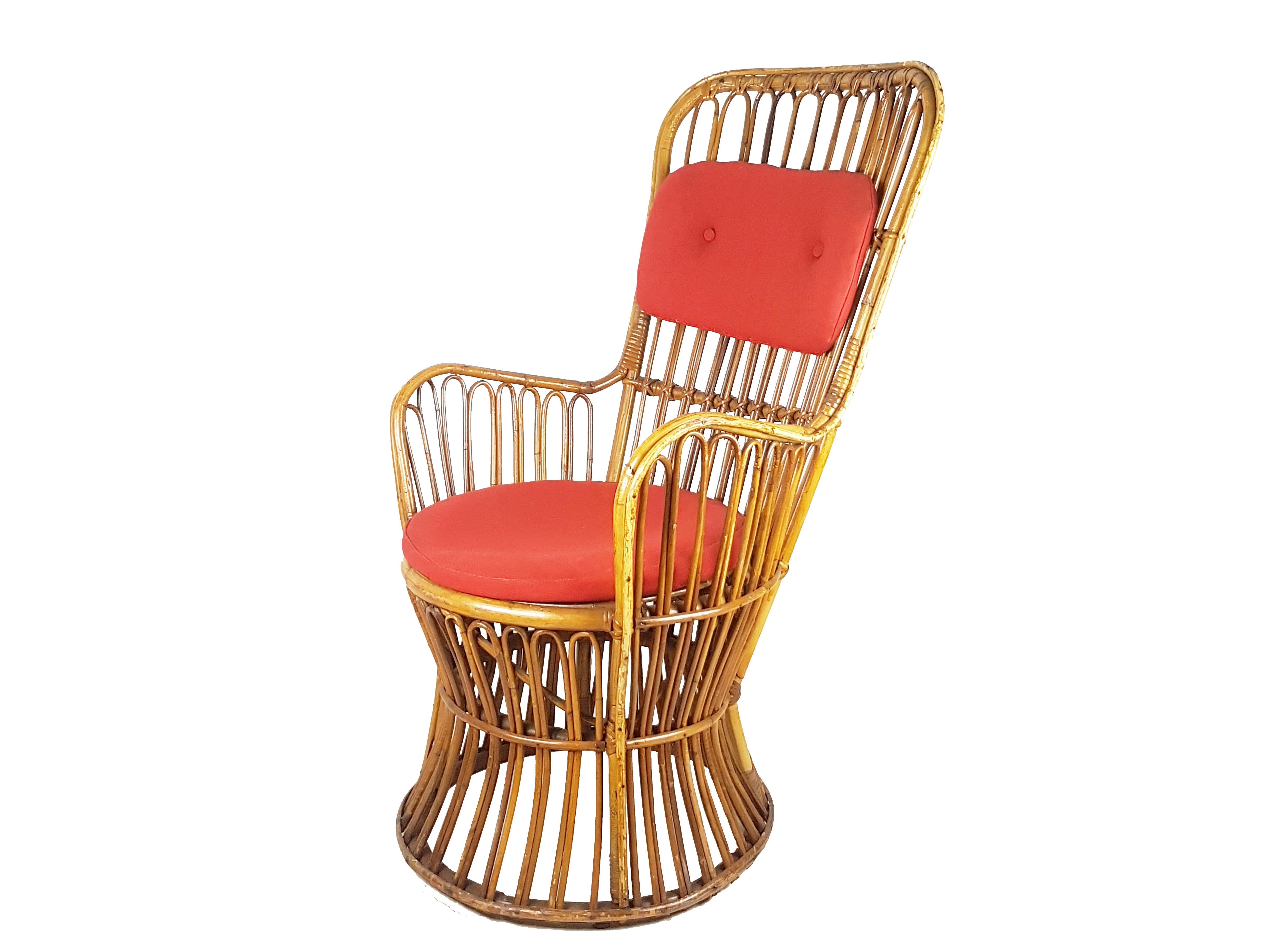 Mid-Century Modern Italian Rattan & Red Wool Seat High Back Midcentury Armchairs, Set of 2 For Sale