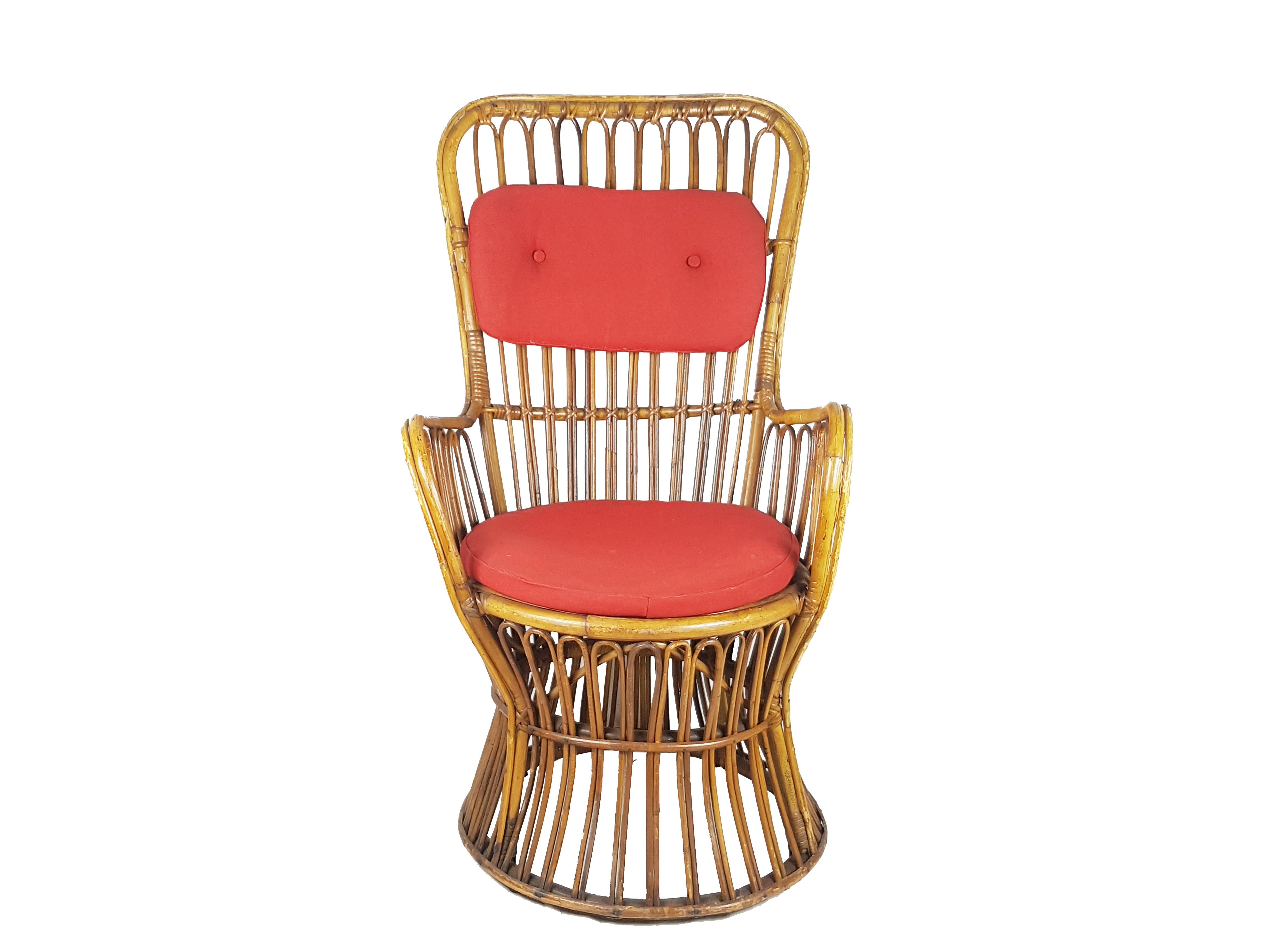 Mid-20th Century Italian Rattan & Red Wool Seat High Back Midcentury Armchairs, Set of 2 For Sale