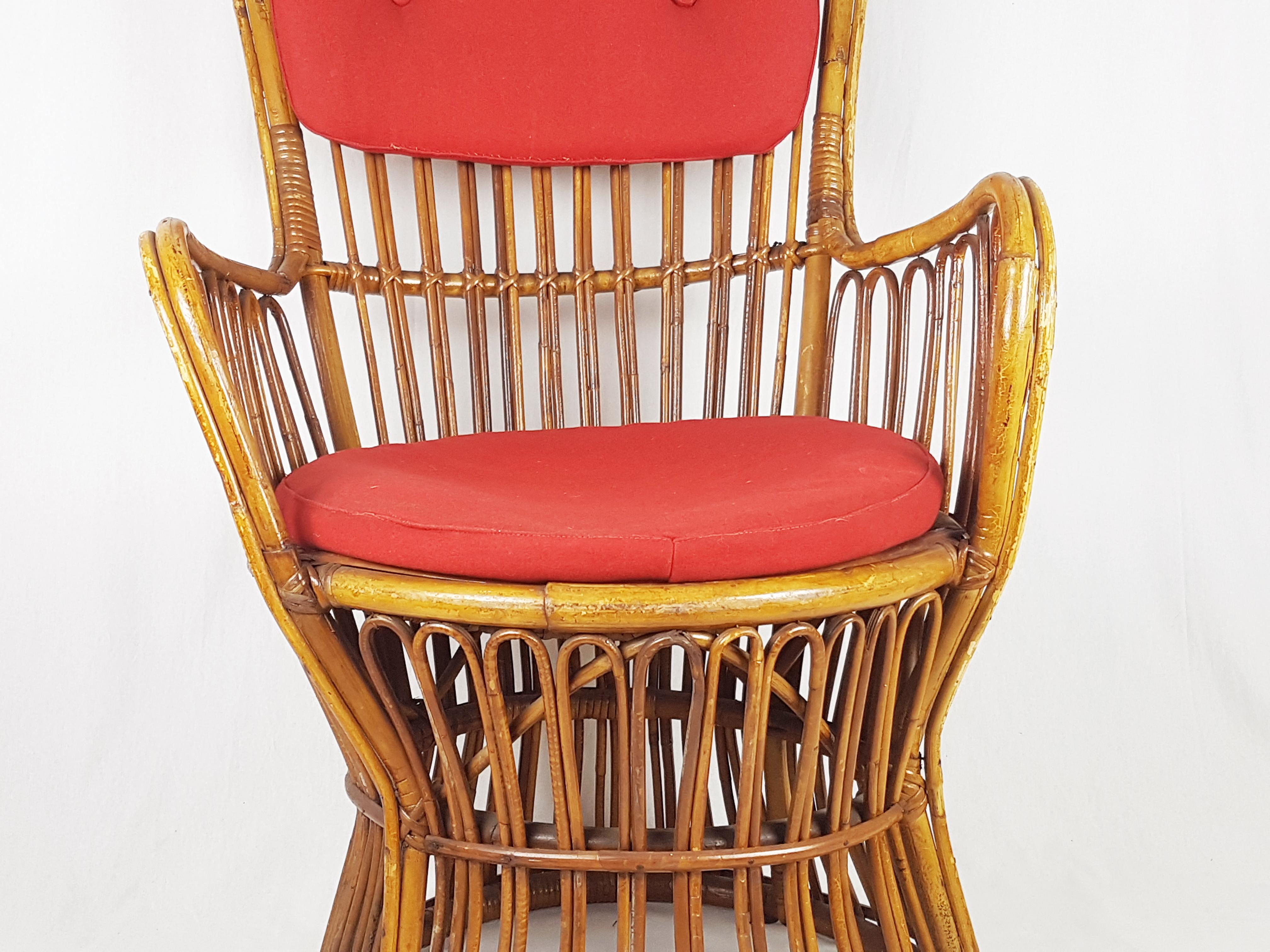 Italian Rattan & Red Wool Seat High Back Midcentury Armchairs, Set of 2 For Sale 1