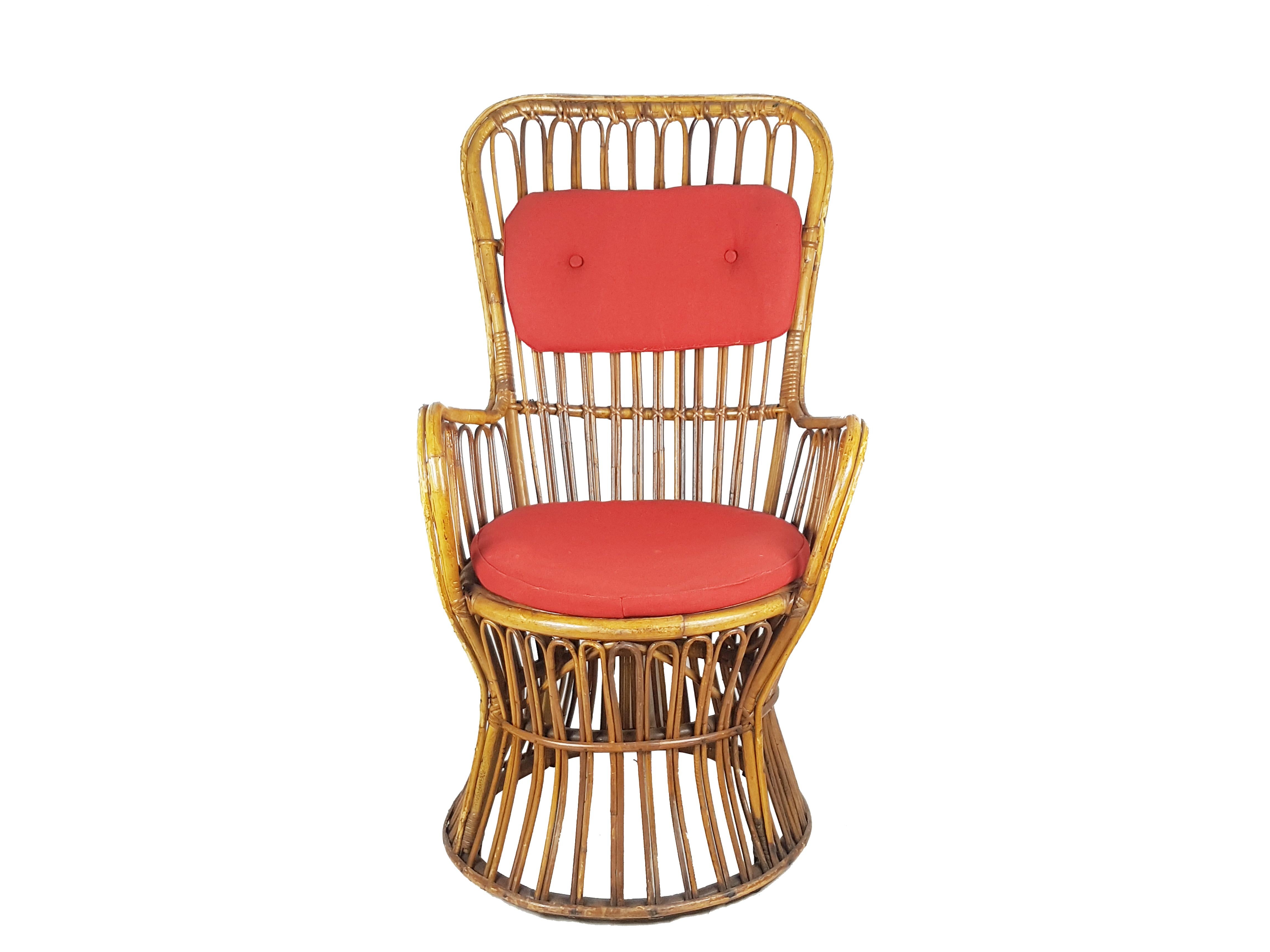 Italian Rattan & Red Wool Seat High Back Midcentury Armchairs, Set of 2 For Sale 2