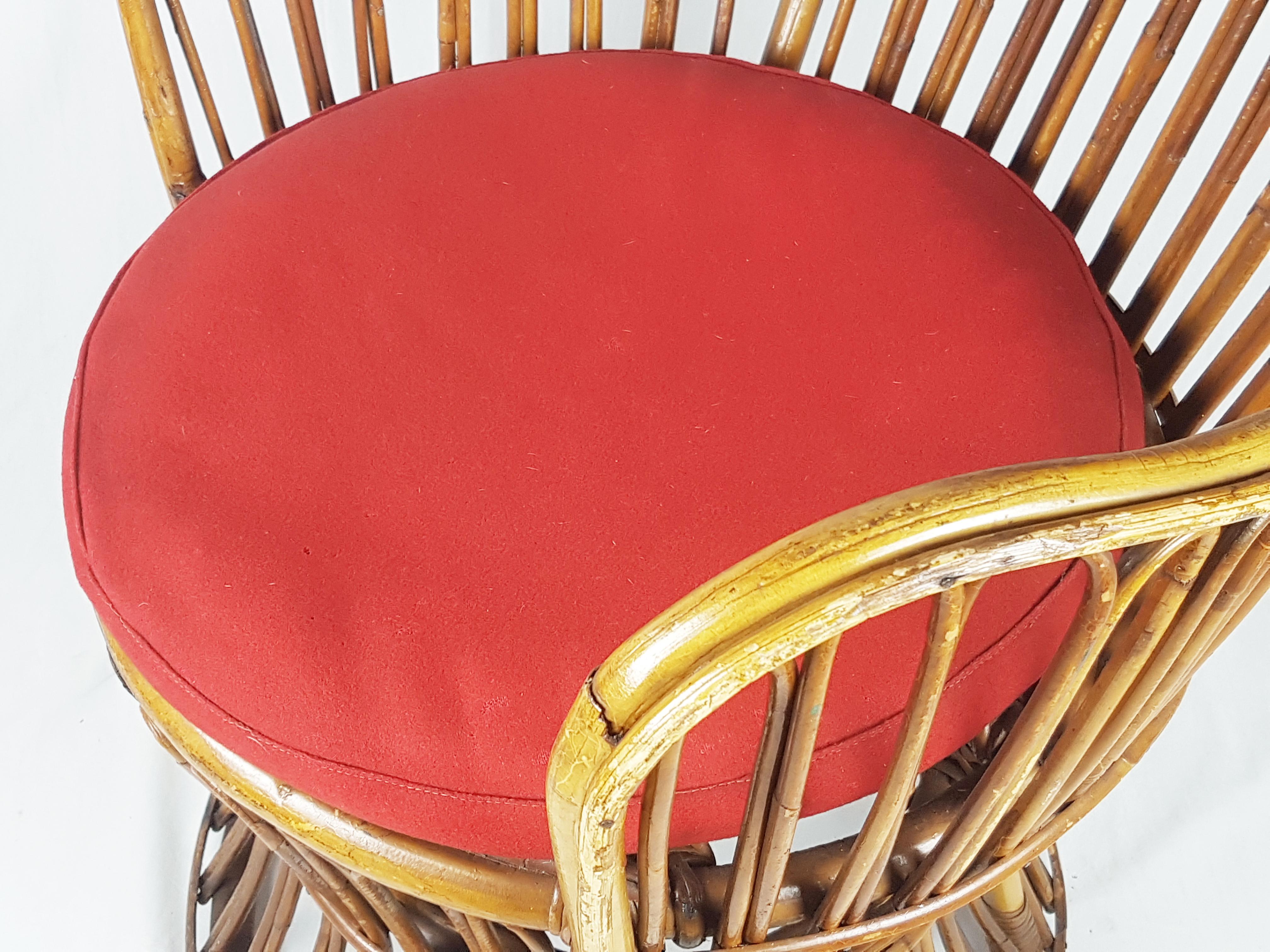 Italian Rattan & Red Wool Seat High Back Midcentury Armchairs, Set of 2 For Sale 3