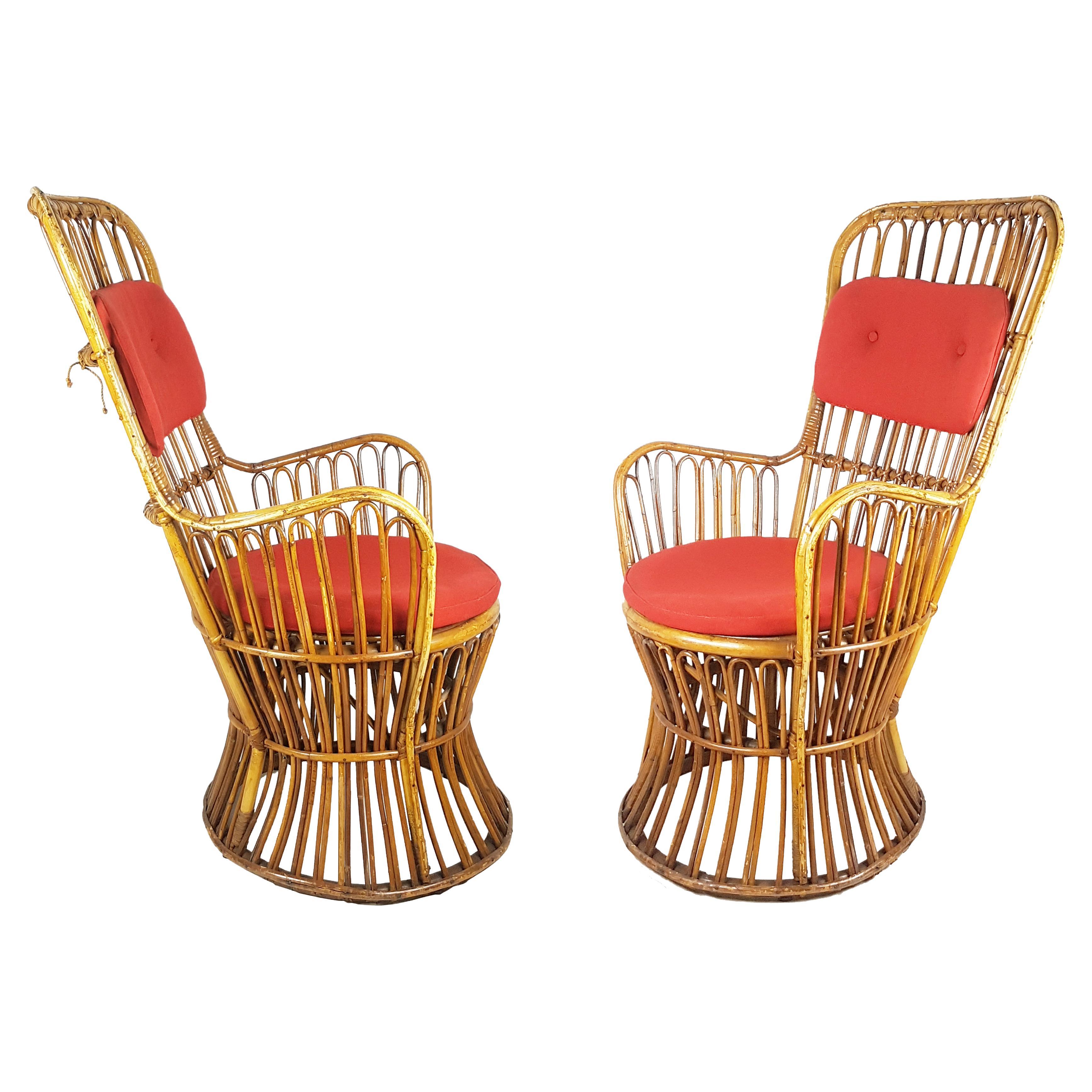 Italian Rattan & Red Wool Seat High Back Midcentury Armchairs, Set of 2 For Sale