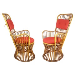 Vintage Italian Rattan & Red Wool Seat High Back Midcentury Armchairs, Set of 2