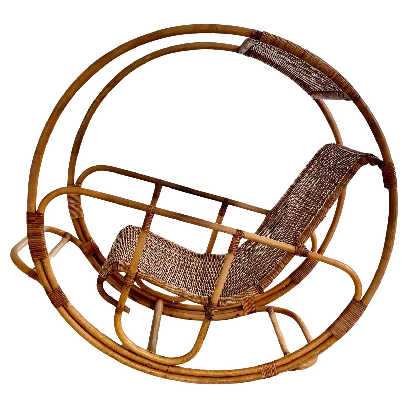 Bonacina style Italian Rattan Rocking Chair, 1960s Italy For Sale