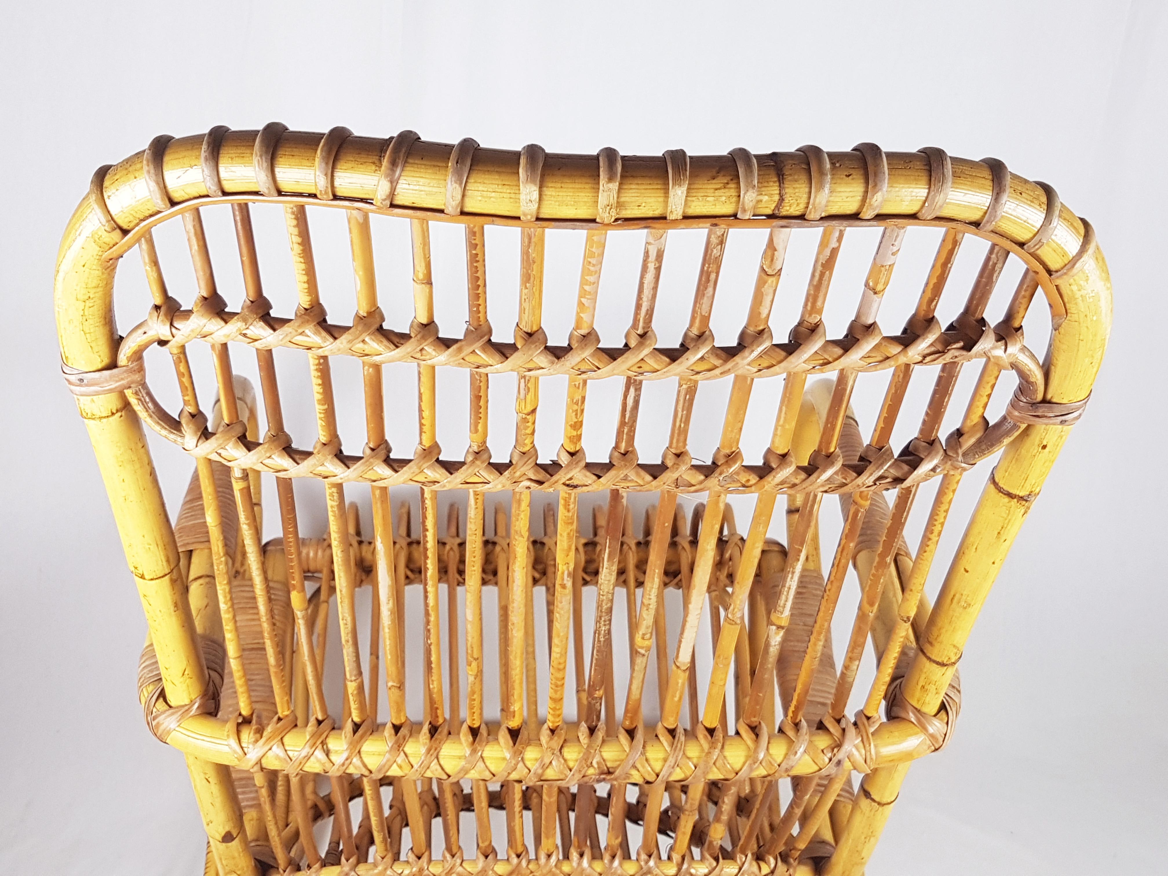 Italienische grüne Wolle, Rattan & Rush 1960er Sessel, 2er Set im Angebot 10