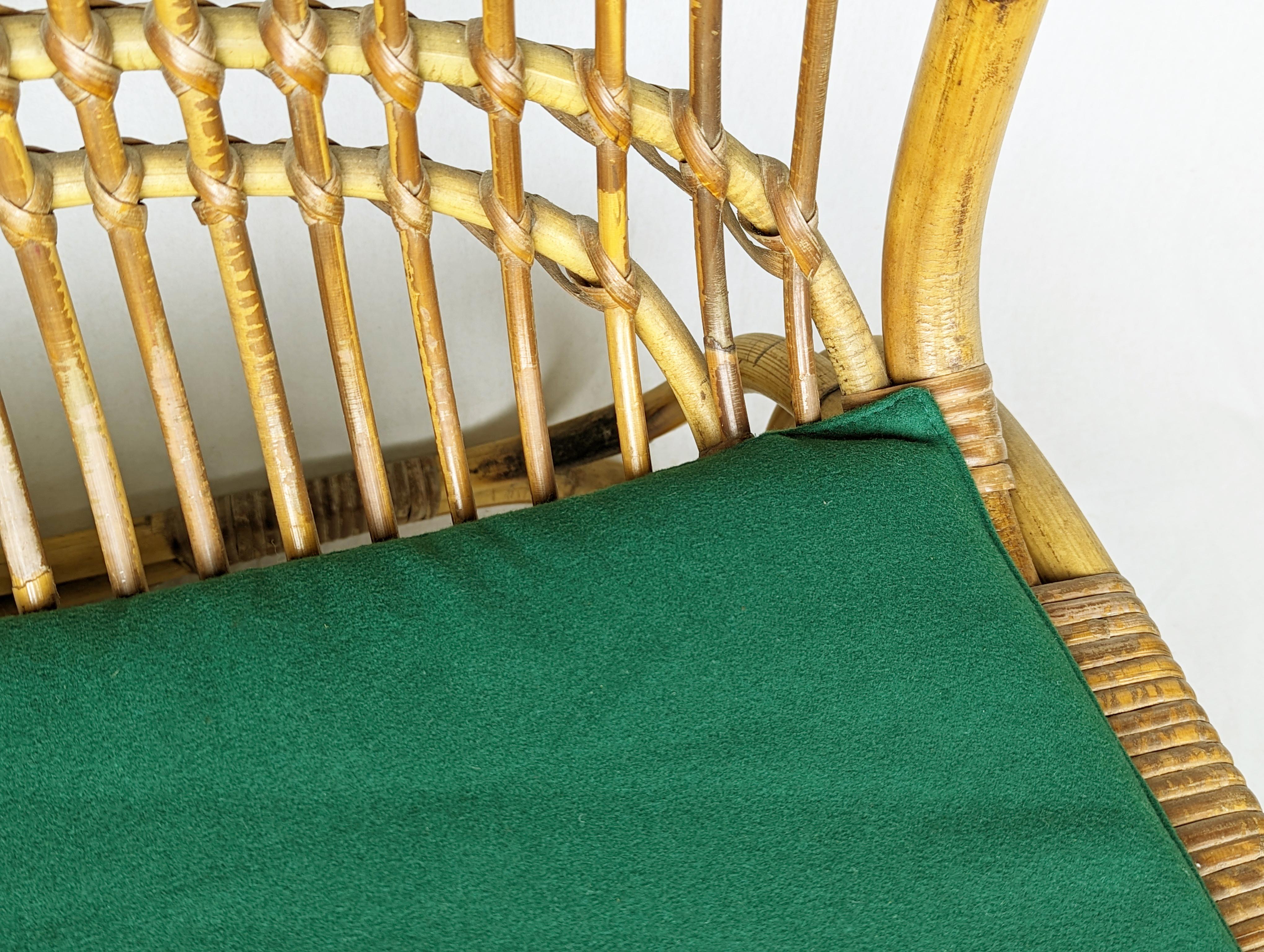 Italian green wool, Rattan & Rush 1960s Armchairs, Set of 2 For Sale 5