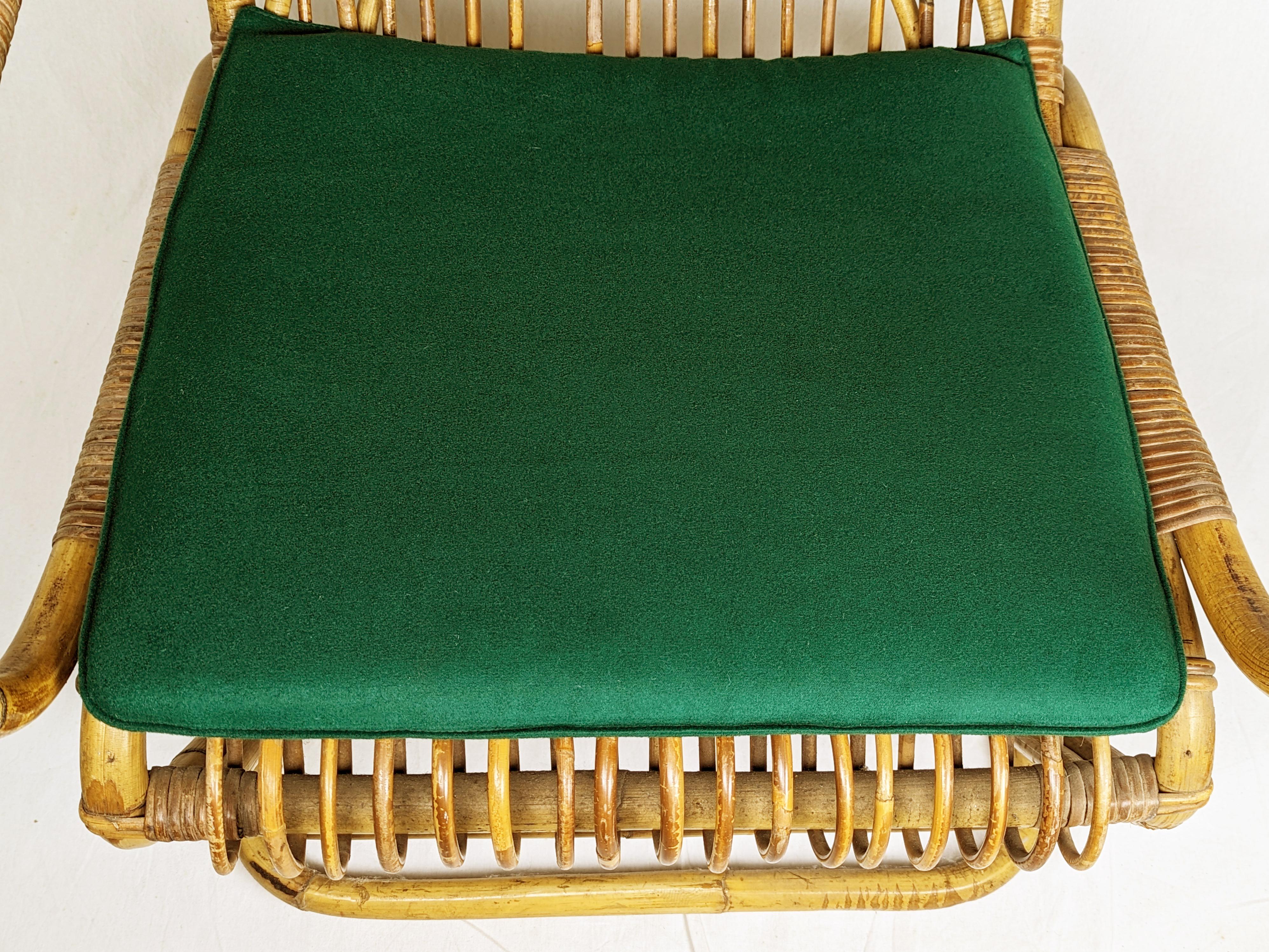 Italian green wool, Rattan & Rush 1960s Armchairs, Set of 2 For Sale 4
