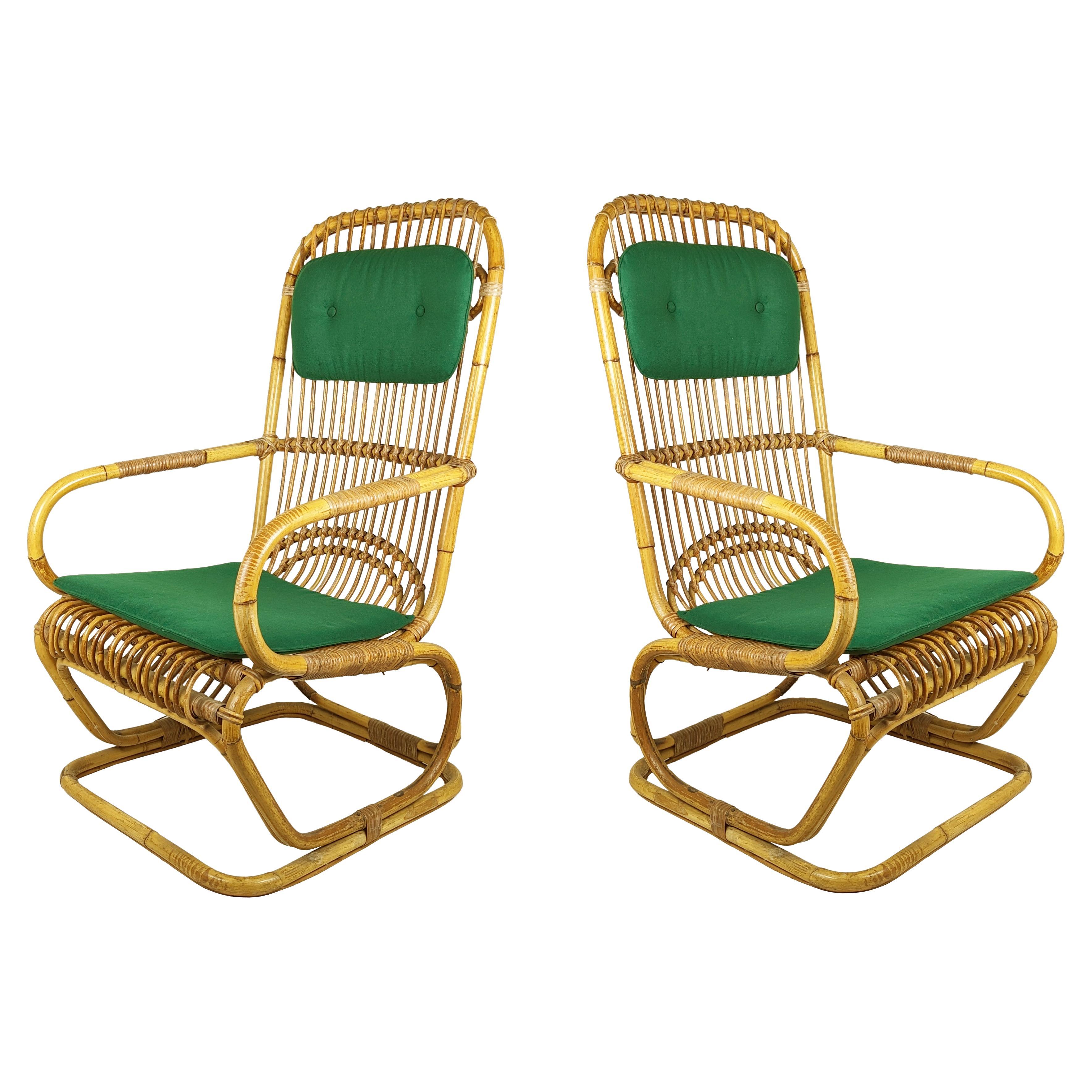 Italian green wool, Rattan & Rush 1960s Armchairs, Set of 2 For Sale