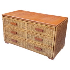 Italian Rattan, Rush and Teak 1960s Chest of Drawers by T. Agnoli for Bonacina