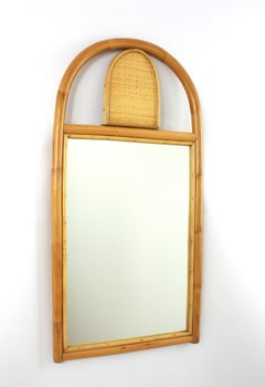 Italian Rattan Wall Mirror with Arched Top and Woven Details, 1960s