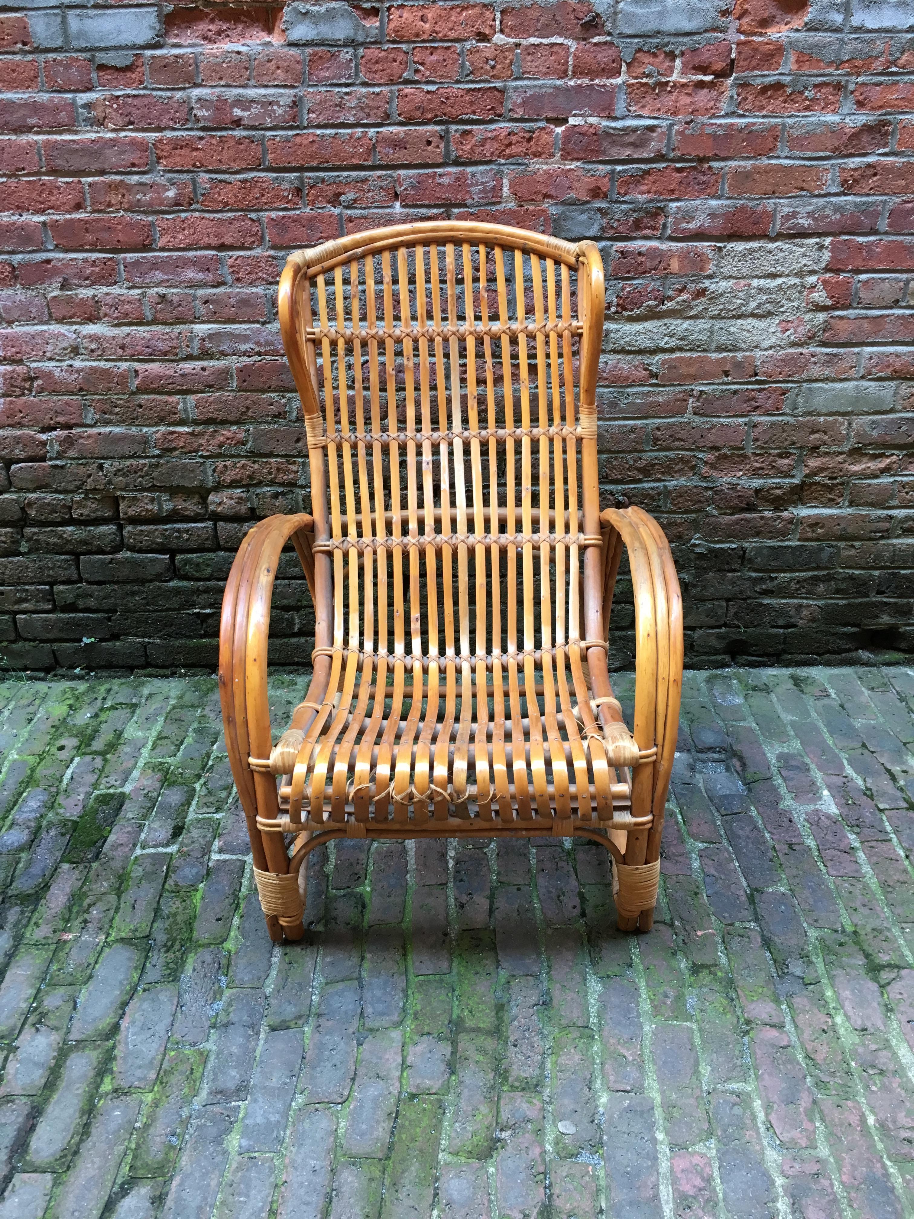Italian Rattan Wingback Armchair In Good Condition In Garnerville, NY