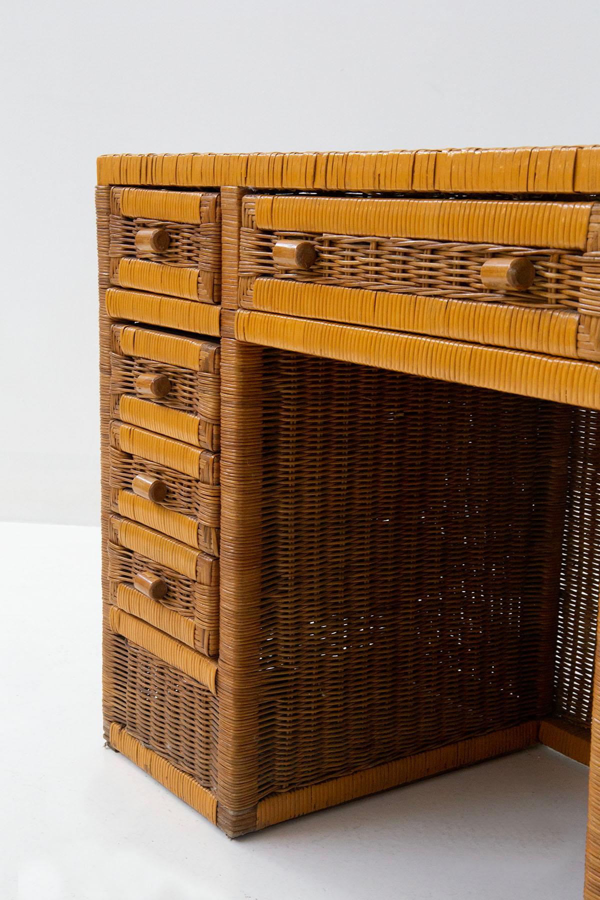Italian Rattan by Tito Agnoli Writing Desk with Drawers 6