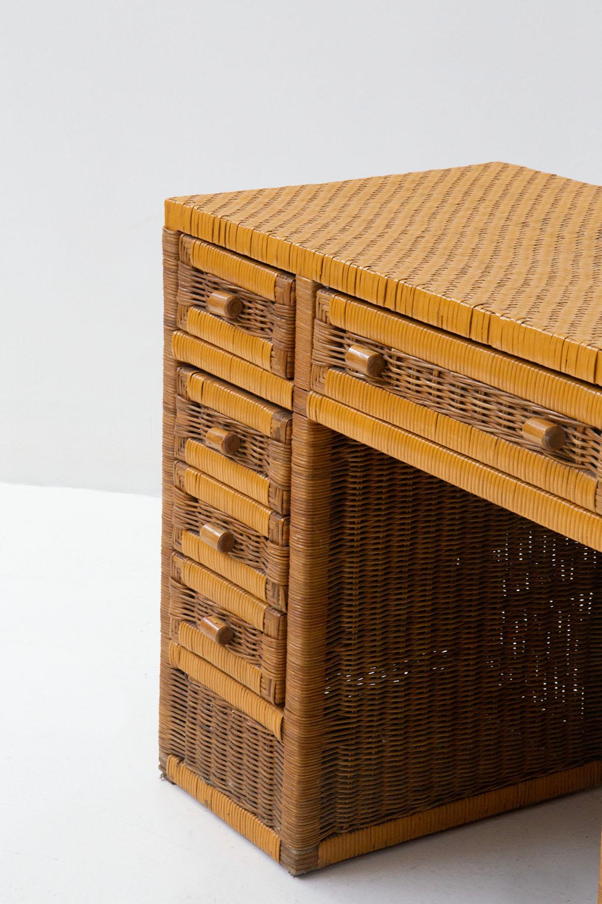 Mid-Century Modern Italian Rattan by Tito Agnoli Writing Desk with Drawers