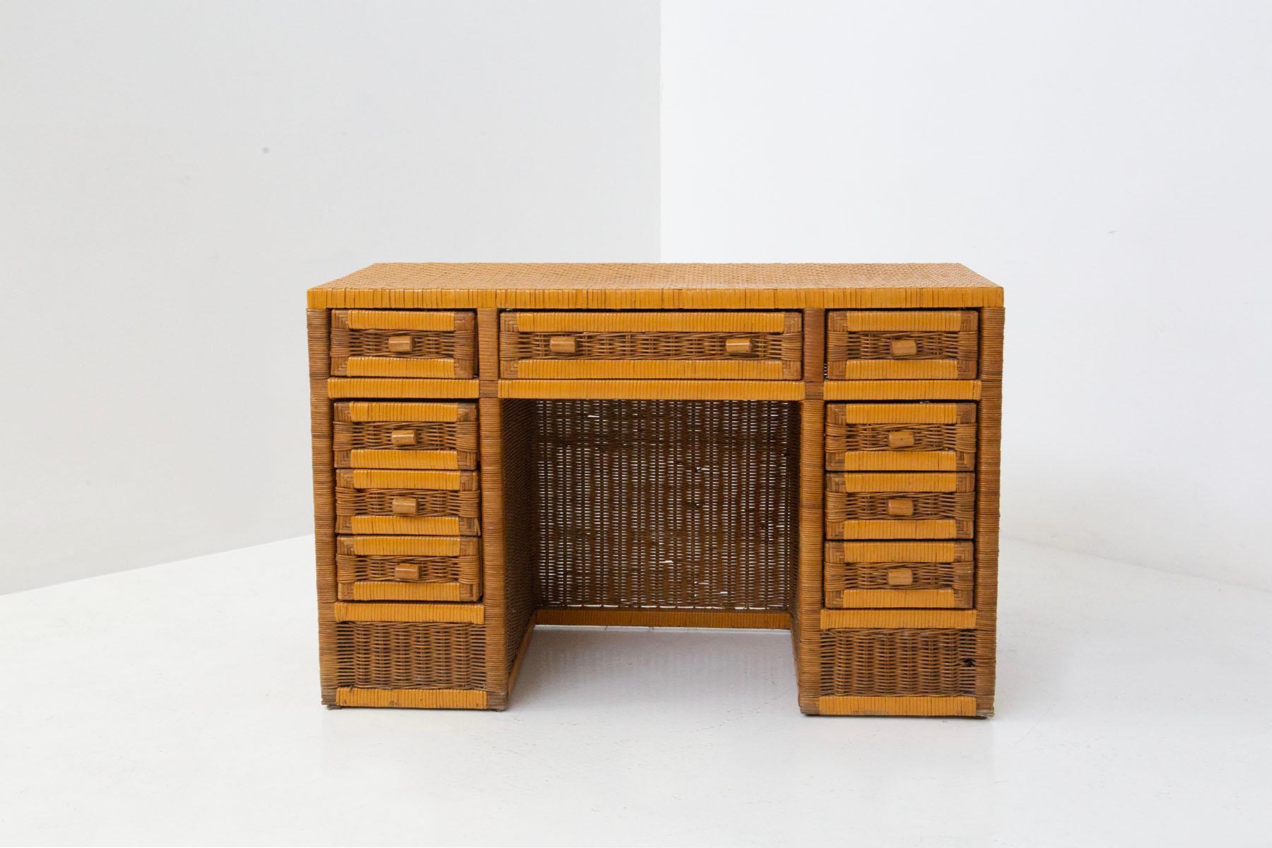 Italian Rattan by Tito Agnoli Writing Desk with Drawers 2