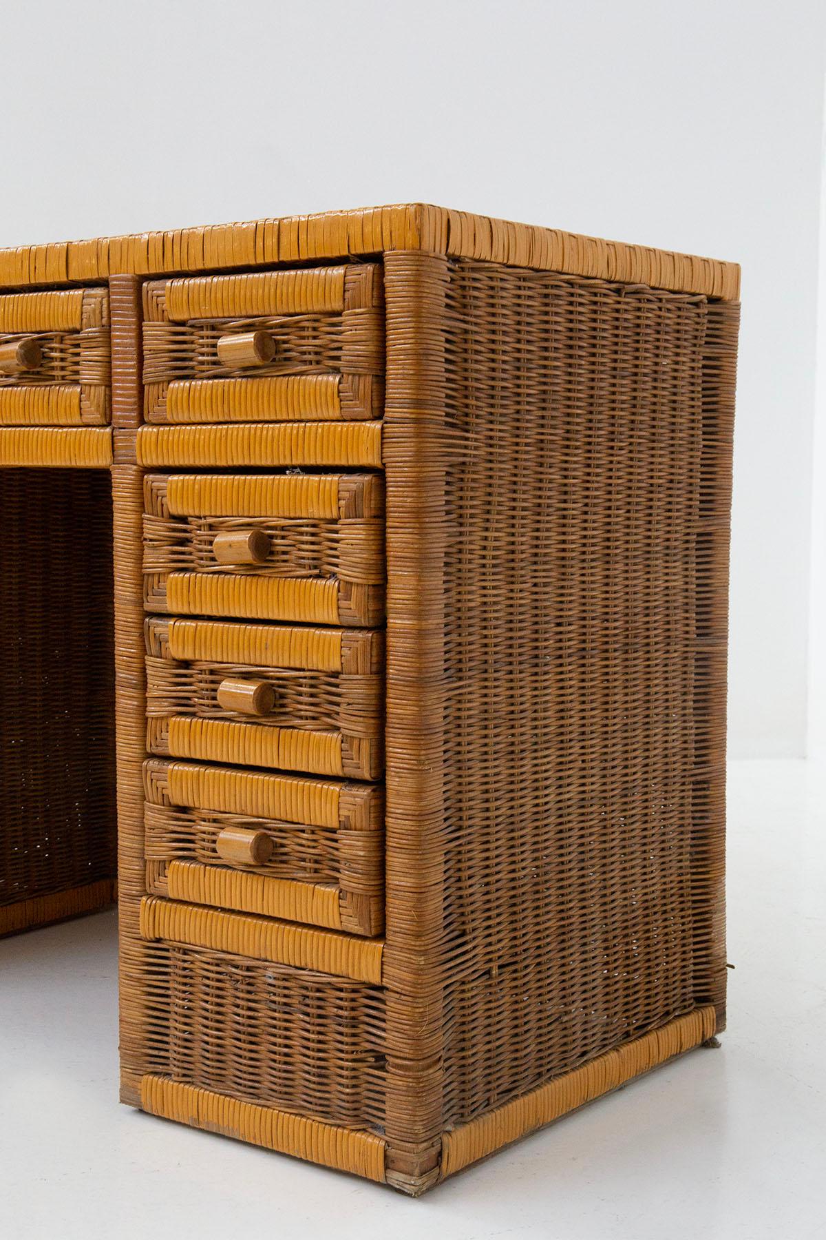 Italian Rattan by Tito Agnoli Writing Desk with Drawers 3