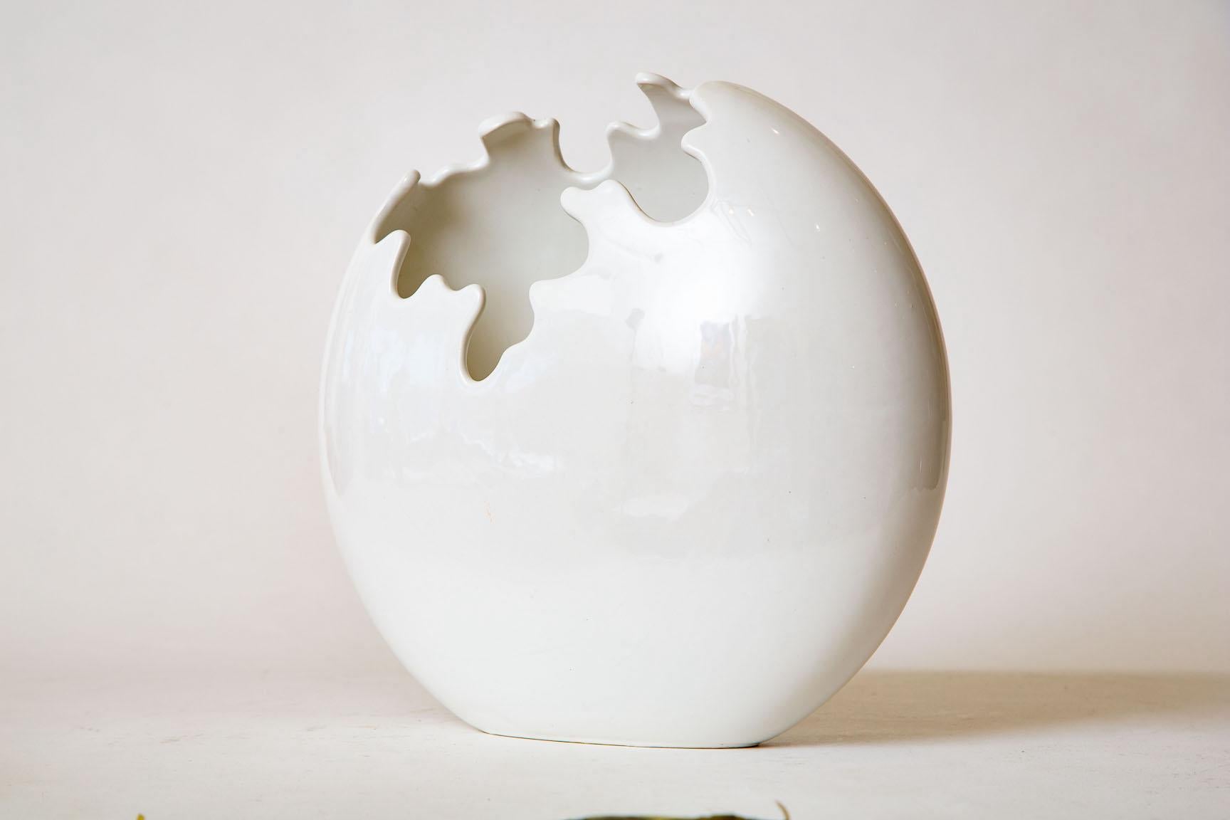 Modern Italian Raymor White Ceramic Cut Out Sculptural Vase or Vessel Vintage
