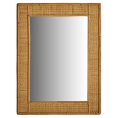 Espejo de pared italiano rectangular de bambú y ratán, años 60