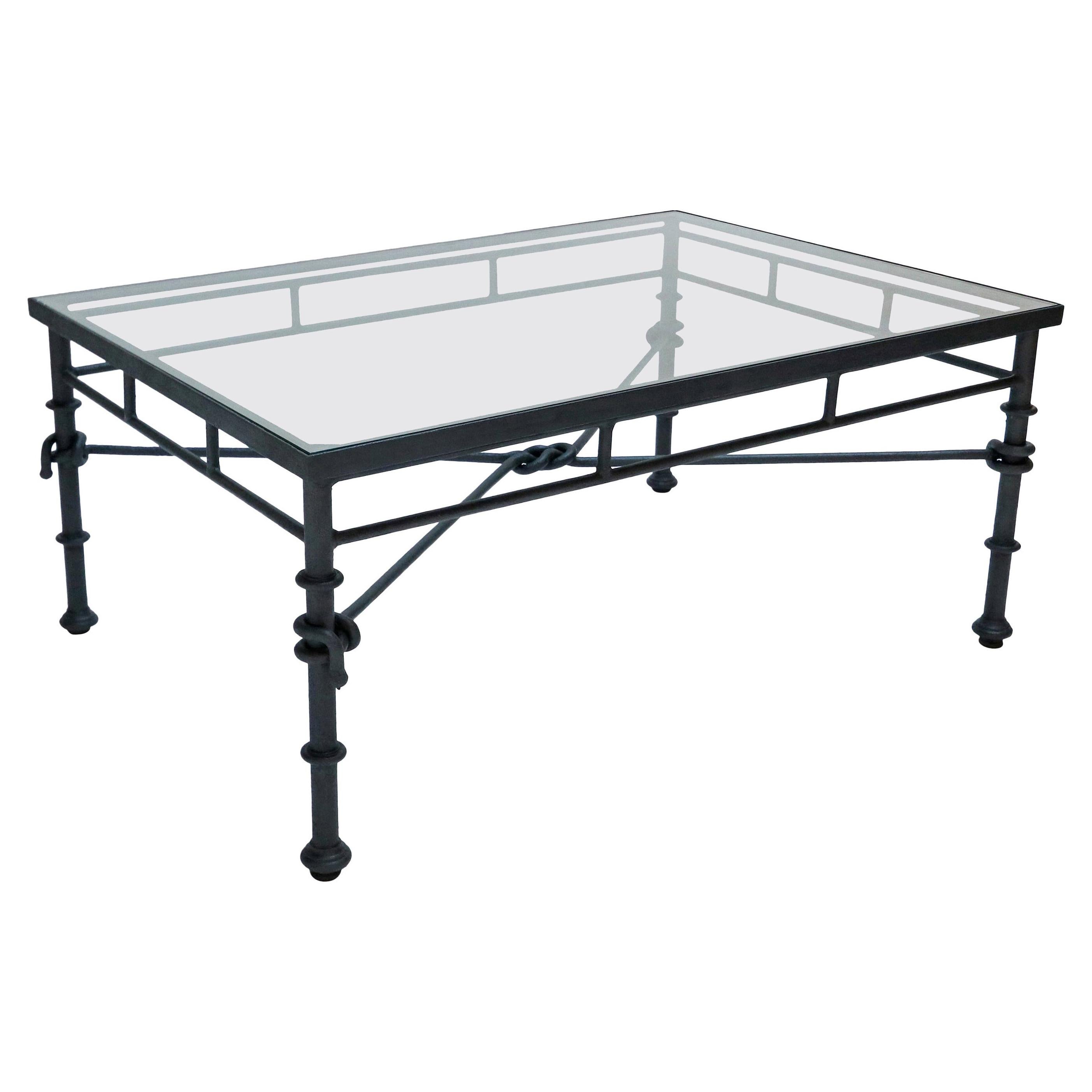 Italian Rectangular Black Iron Knot and Rope Coffee Table with Glass Top