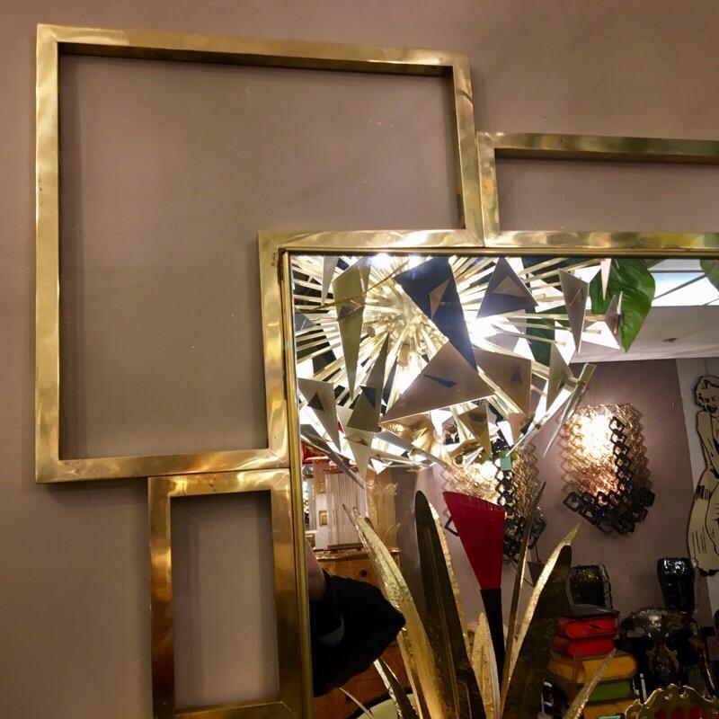 Modern Italian Rectangular Brass Frame Mirror Geometric Shape, 1980s