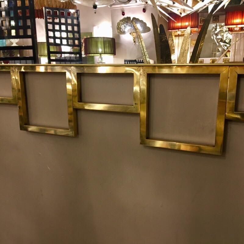 Italian Rectangular Brass Frame Mirror Geometric Shape, 1980s 1