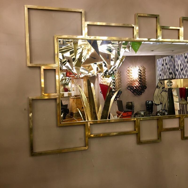 Italian Rectangular Brass Frame Mirror Geometric Shape, 1980s 2