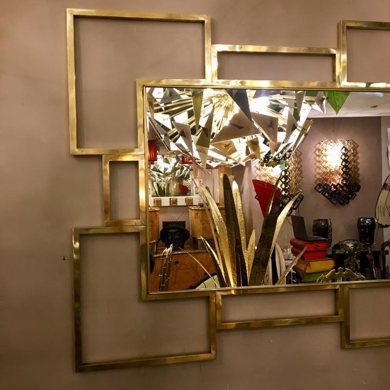 Italian Rectangular Brass Frame Mirror Geometric Shape, 1980s 3