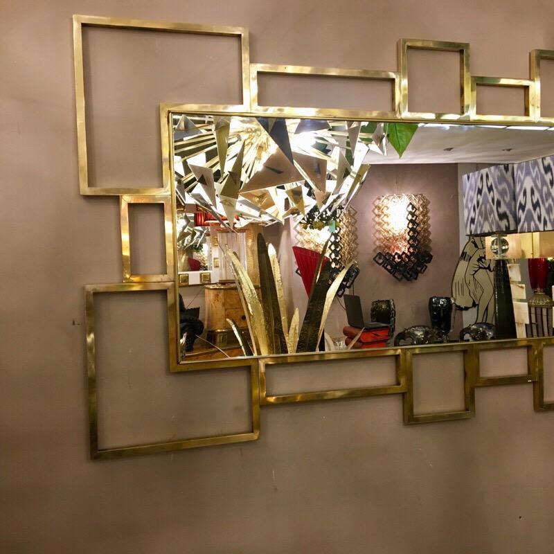 Modern Italian Rectangular Brass Frame Mirror Geometrical Shape, 1980s
