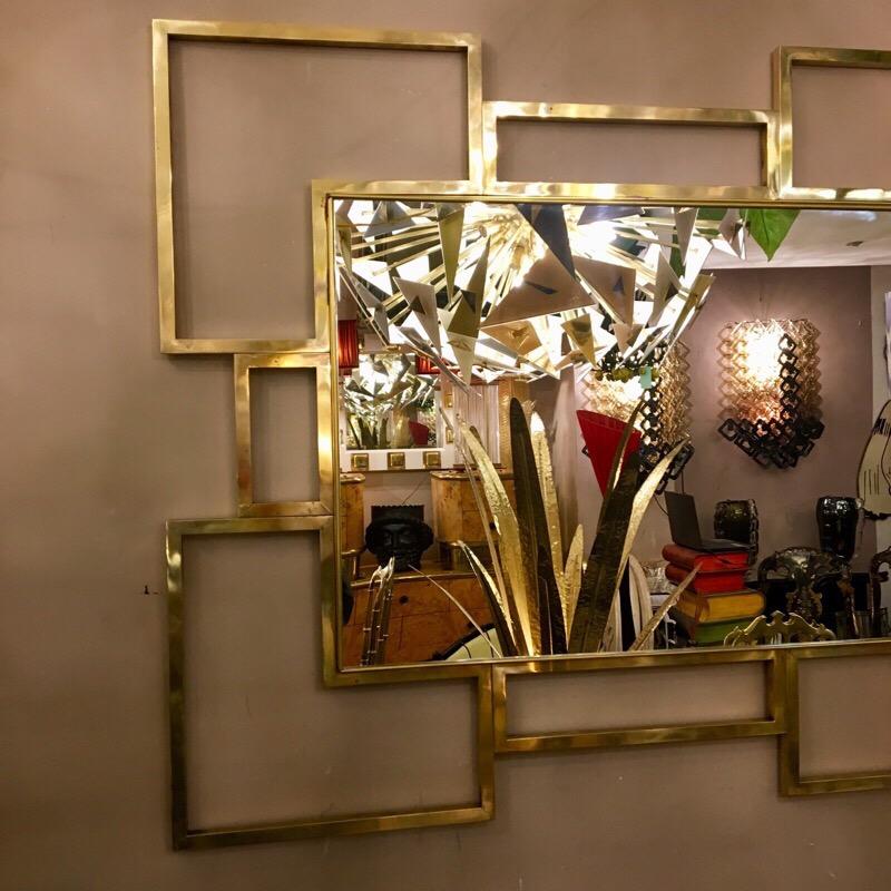 Italian Rectangular Brass Frame Mirror Geometrical Shape, 1980s In Good Condition In Florence, IT