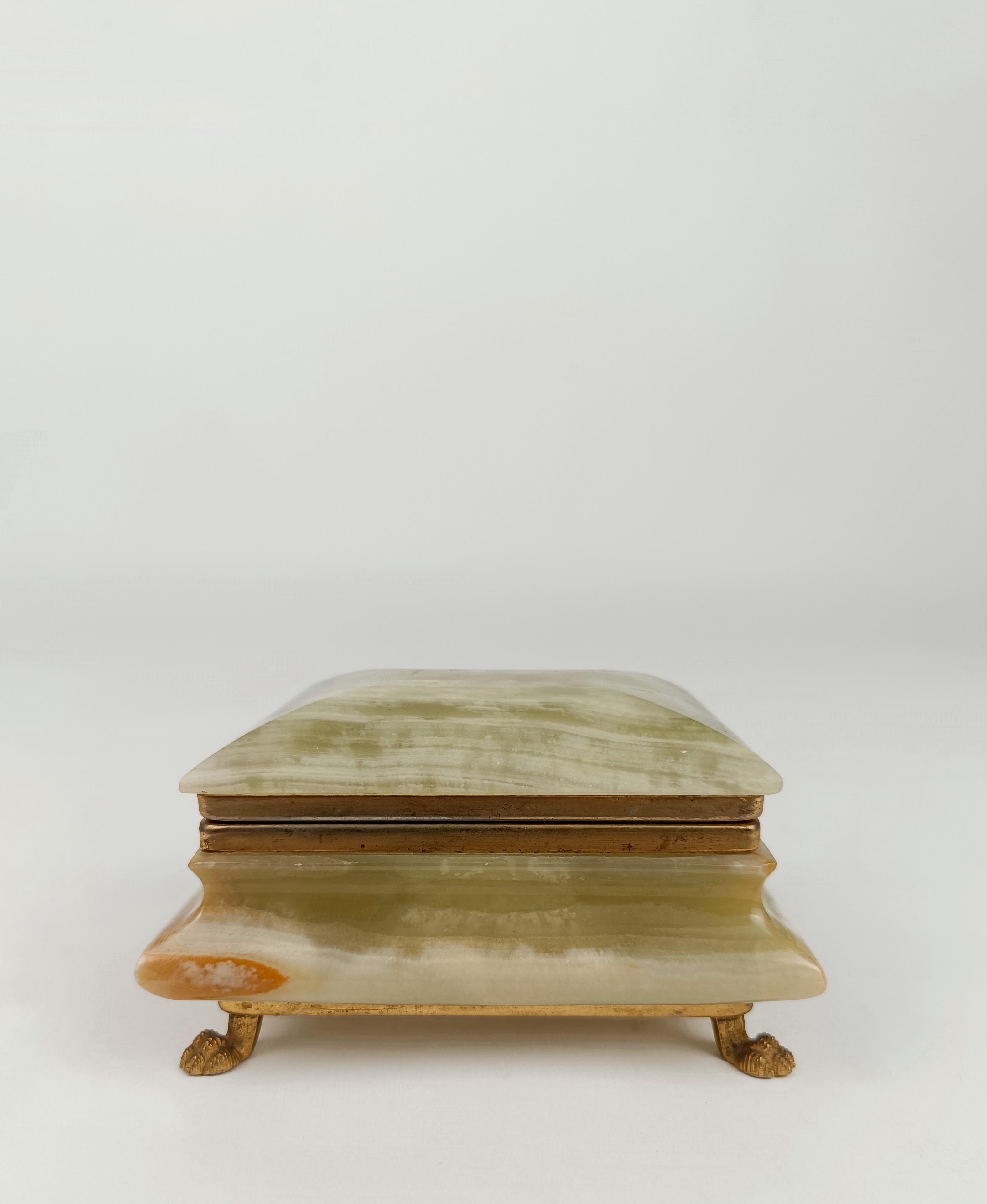 Hand-Carved Italian Rectangular Green Onyx Marble Box with Gilded Feet, 50ss For Sale