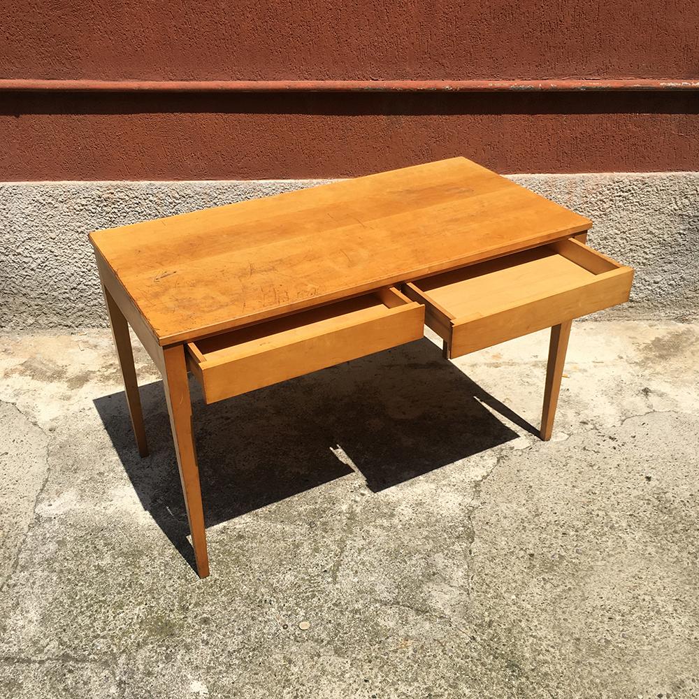 Italian rectangular light wood desk dating to the sixties, with double drawer, with really light shape, but solid structure.
Good condition, not restored
Measures: 60 x 120 x 76 H cm.