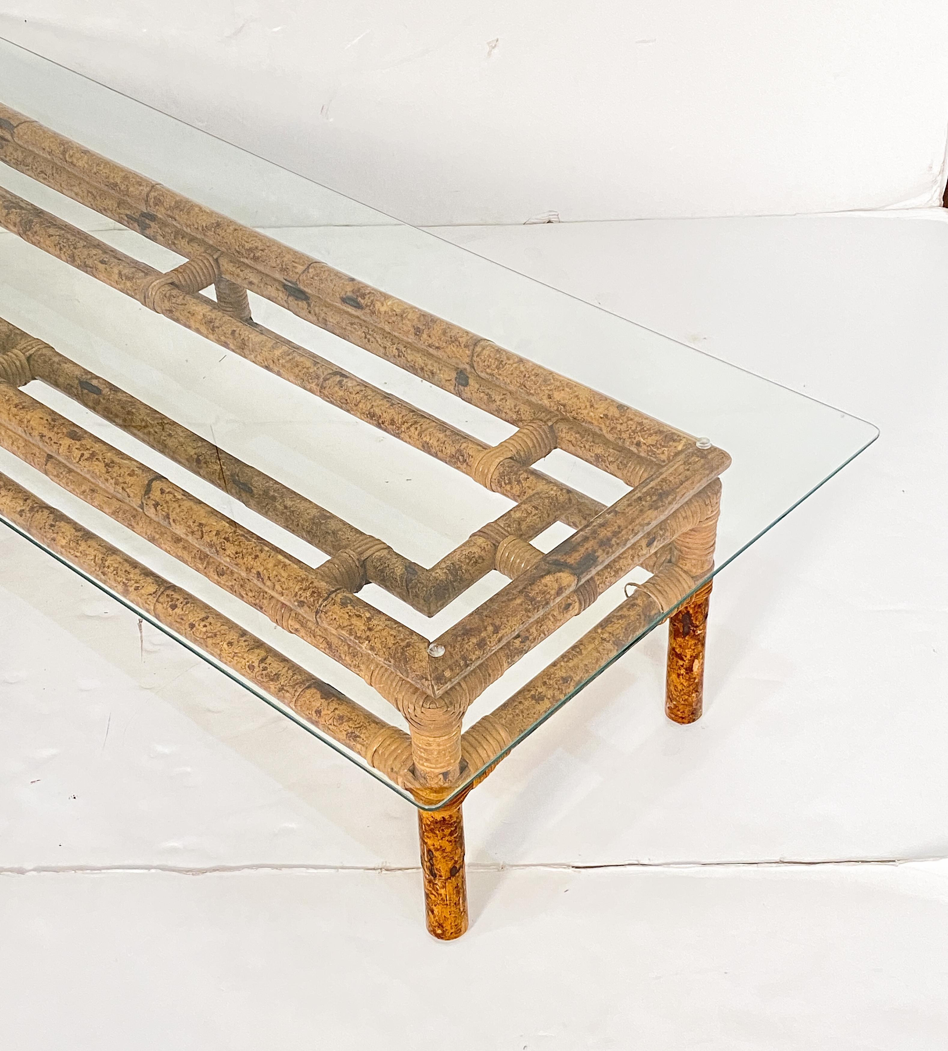 Mid-Century Modern Italian Rectangular Low or Coffee Table of Bamboo and Rattan with Glass Top