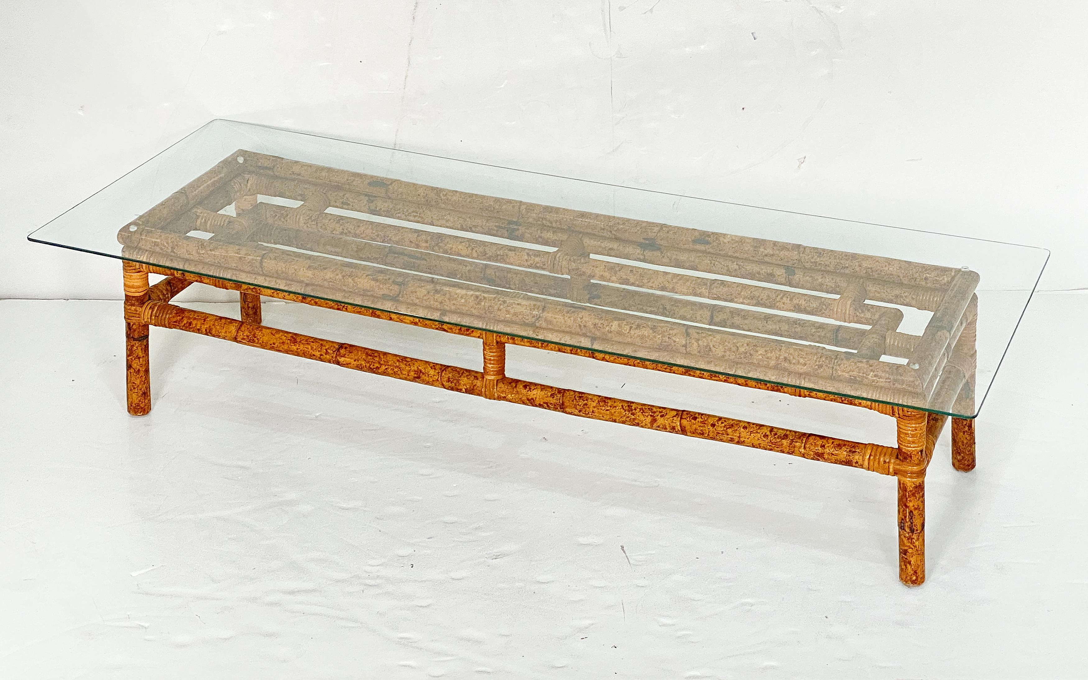 Italian Rectangular Low or Coffee Table of Bamboo and Rattan with Glass Top In Good Condition In Austin, TX