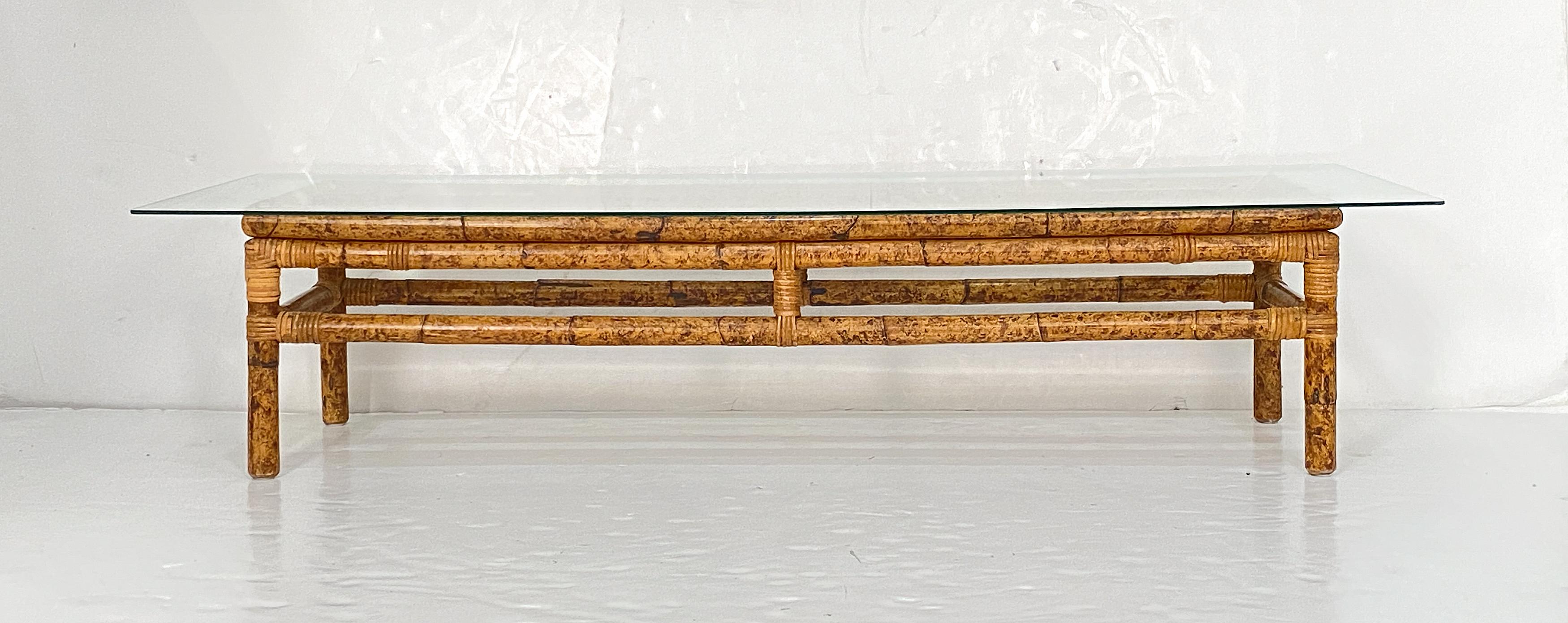 20th Century Italian Rectangular Low or Coffee Table of Bamboo and Rattan with Glass Top