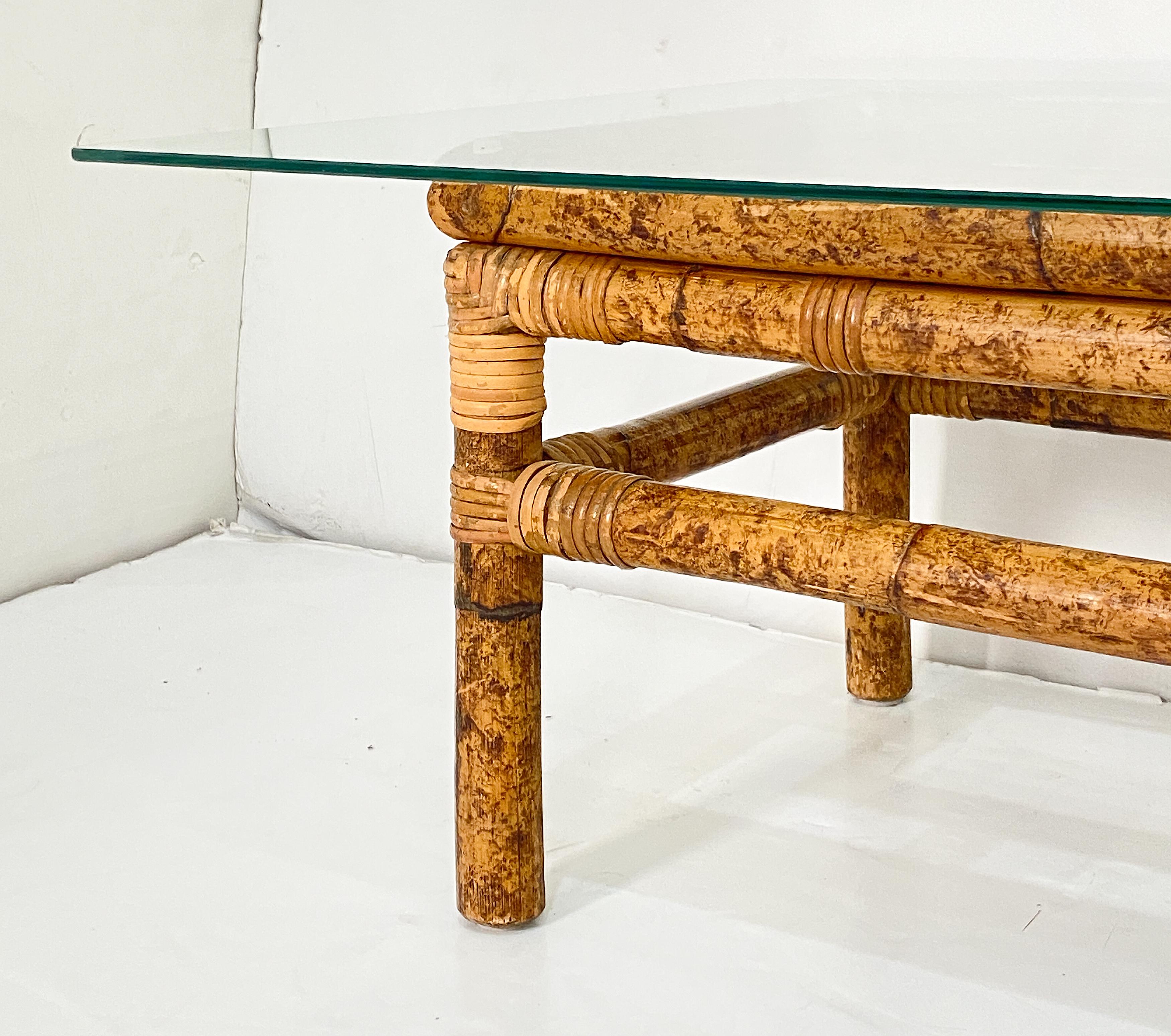 Italian Rectangular Low or Coffee Table of Bamboo and Rattan with Glass Top 3