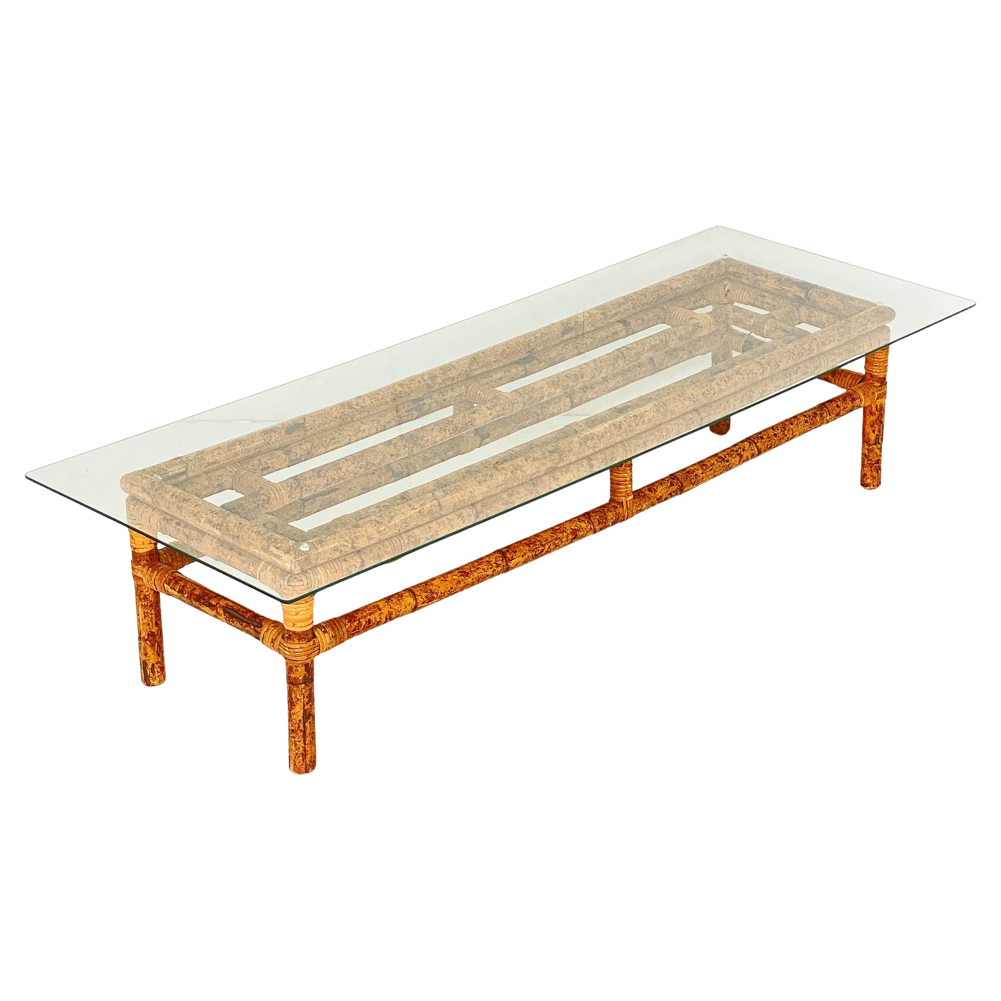 Italian Rectangular Low or Coffee Table of Bamboo and Rattan with Glass Top
