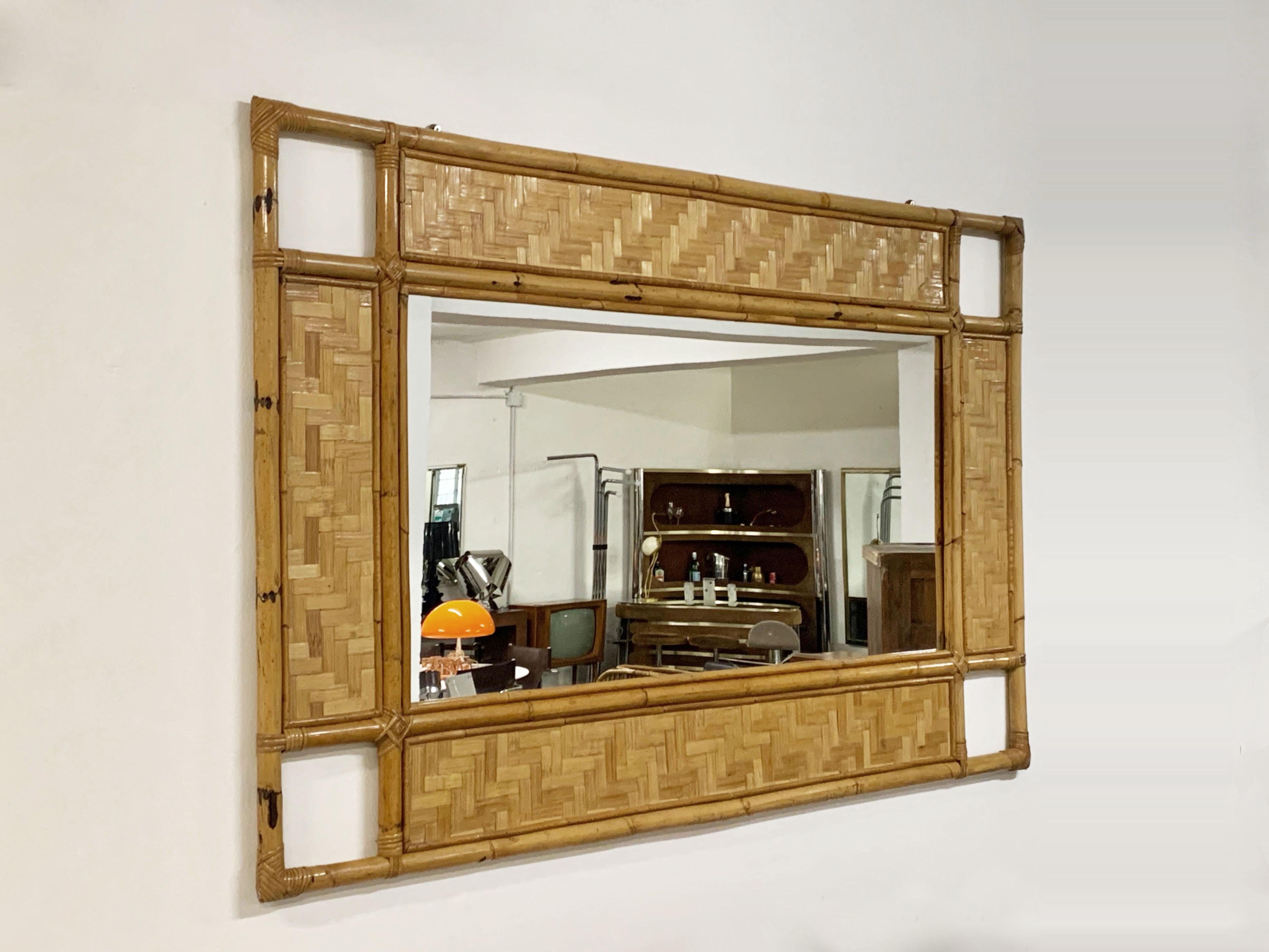Mid-Century Modern Italian Rectangular Mirror with Bamboo, Rattan and Wicker Structure, 1970s For Sale